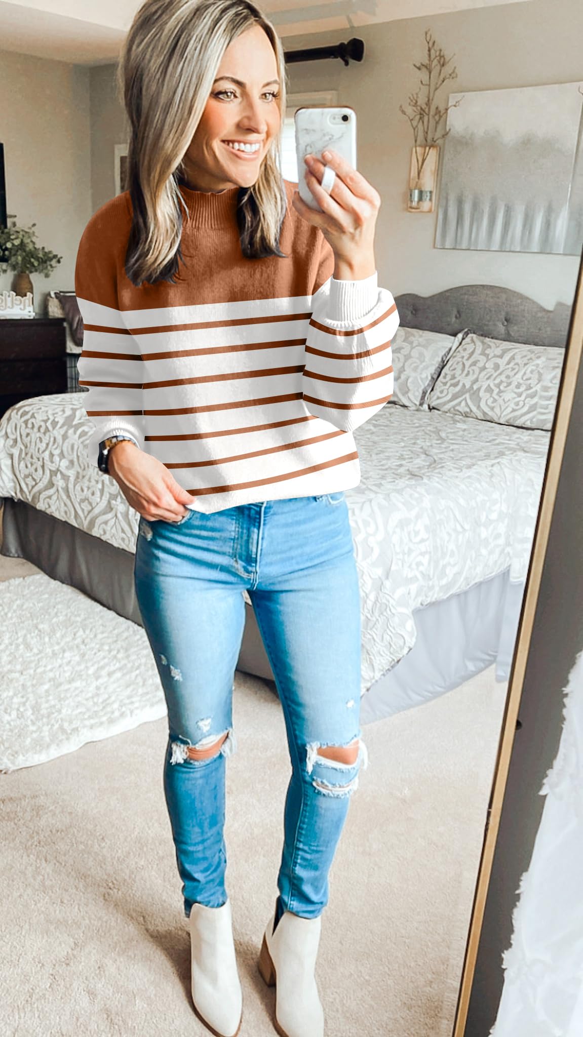 ZESICA Women's 2024 Fall Fashion Turtleneck Long Sleeve Striped Ribbed Knit Loose Pullover Sweater Tops