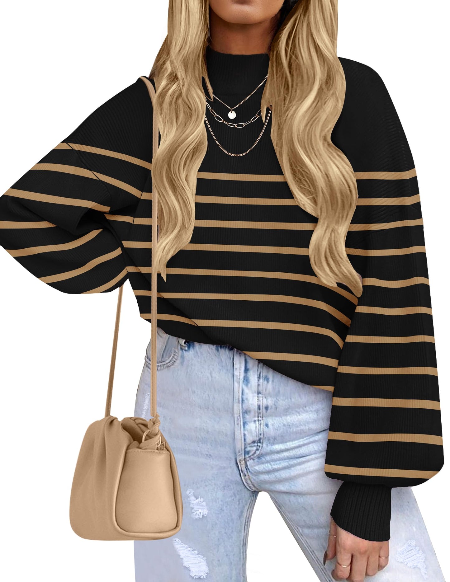 ZESICA Women's 2024 Fall Fashion Turtleneck Long Sleeve Striped Ribbed Knit Loose Pullover Sweater Tops