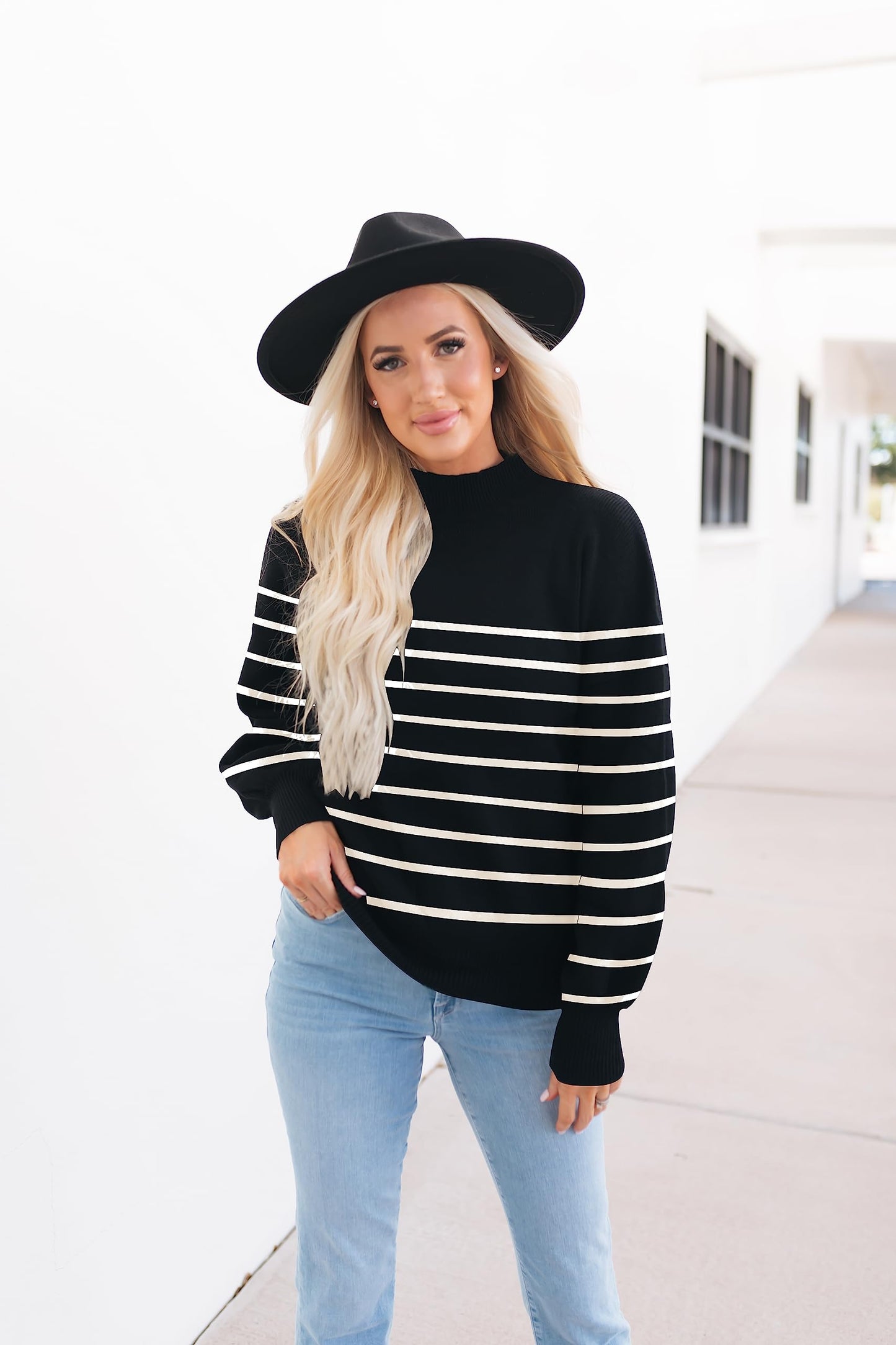 ZESICA Women's 2024 Fall Fashion Turtleneck Long Sleeve Striped Ribbed Knit Loose Pullover Sweater Tops