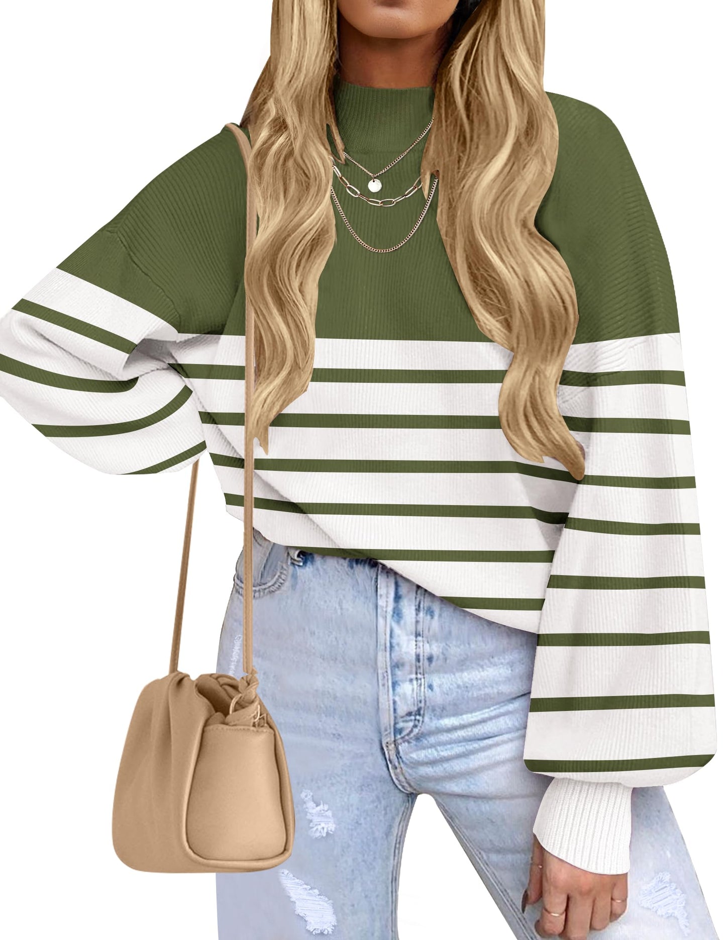 ZESICA Women's 2024 Fall Fashion Turtleneck Long Sleeve Striped Ribbed Knit Loose Pullover Sweater Tops
