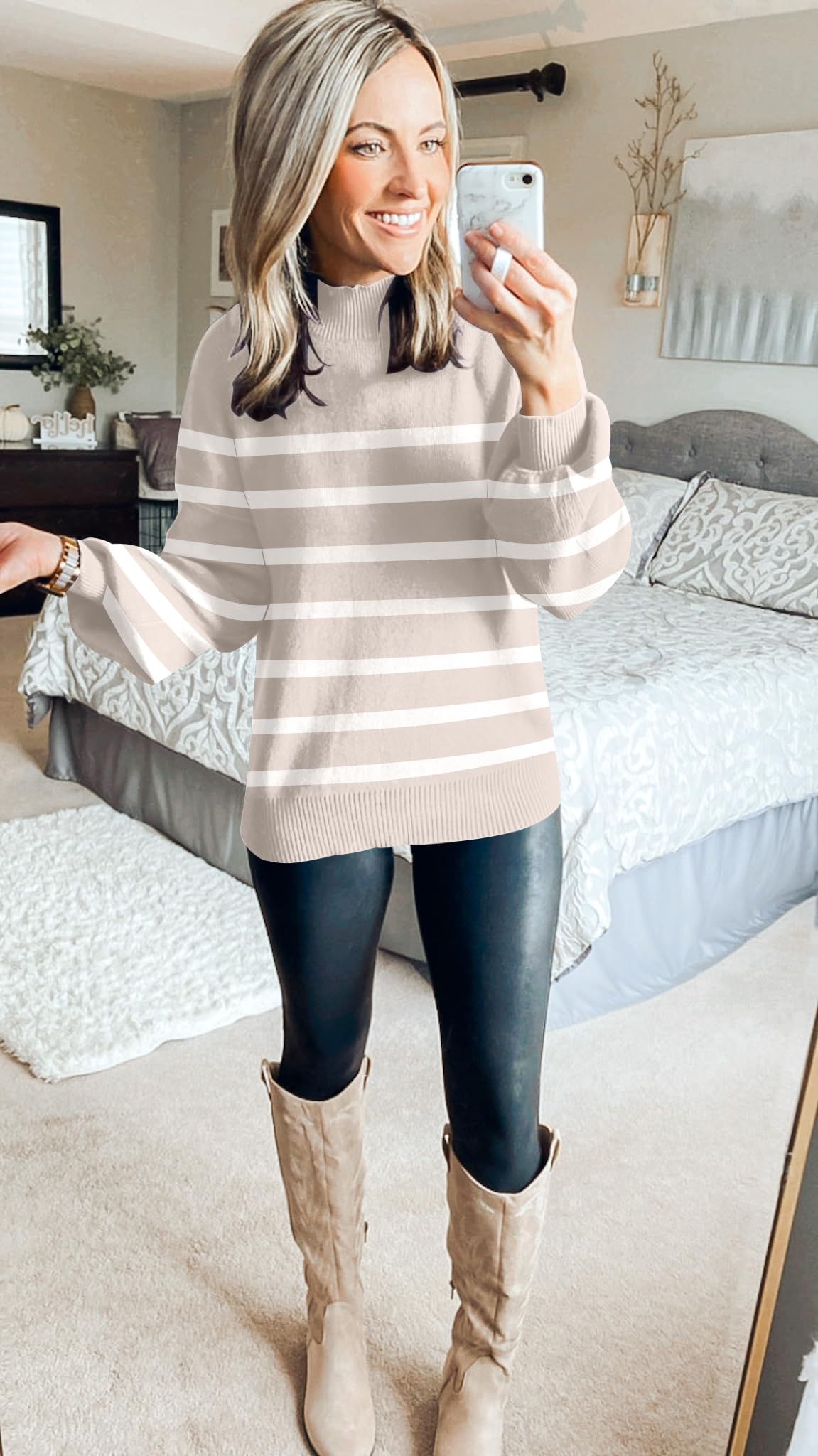 ZESICA Women's 2024 Fall Fashion Turtleneck Long Sleeve Striped Ribbed Knit Loose Pullover Sweater Tops