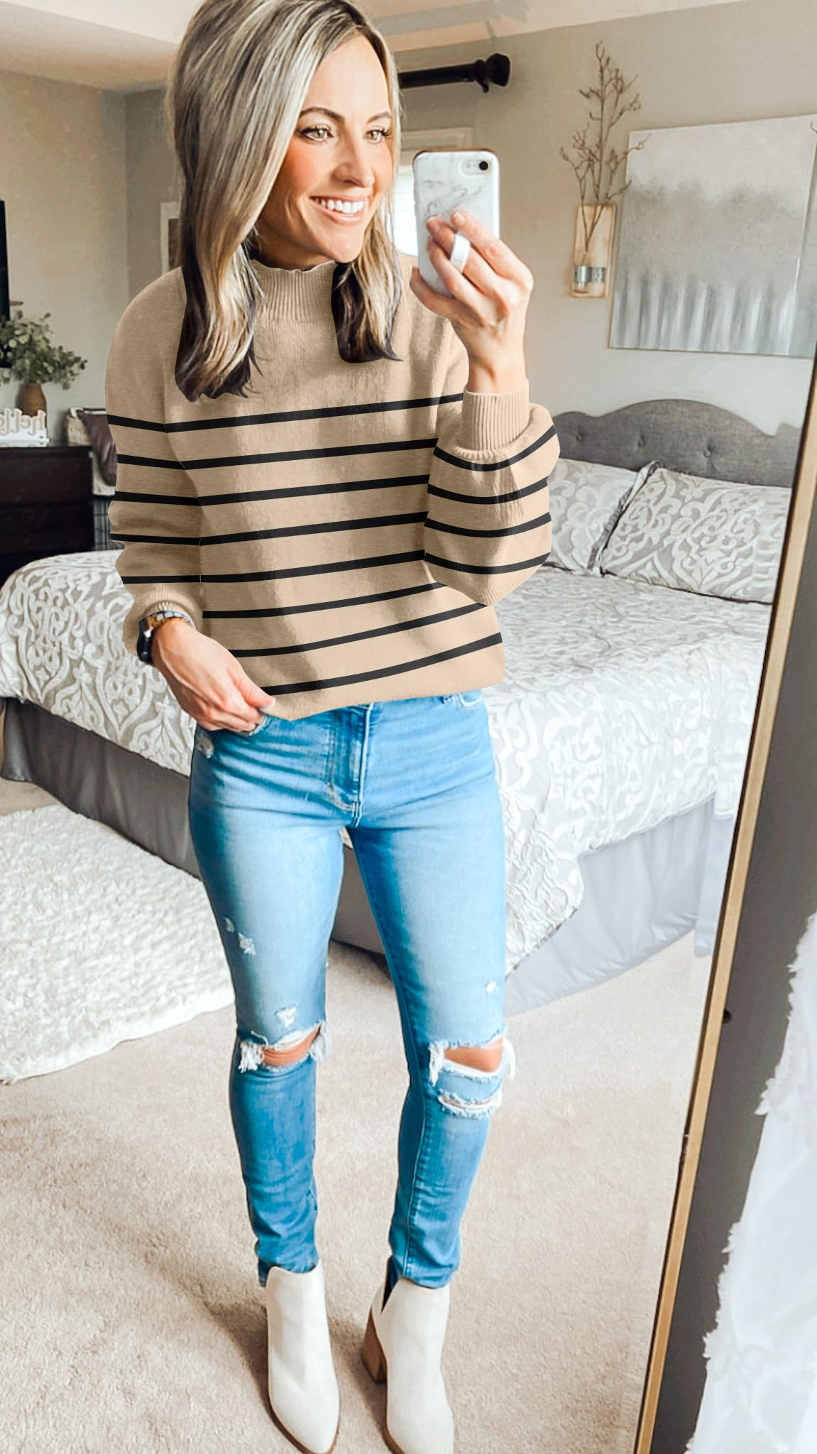 ZESICA Women's 2024 Fall Fashion Turtleneck Long Sleeve Striped Ribbed Knit Loose Pullover Sweater Tops