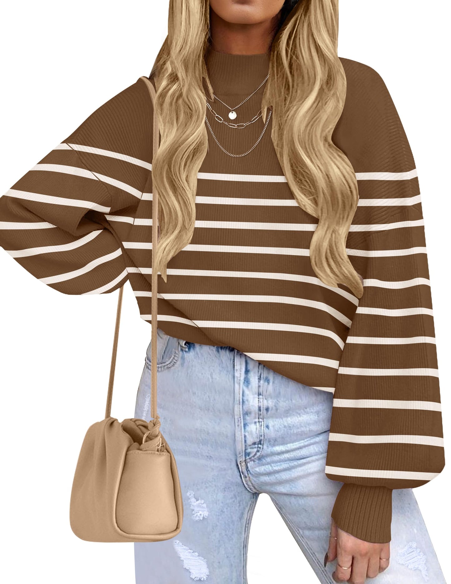 ZESICA Women's 2024 Fall Fashion Turtleneck Long Sleeve Striped Ribbed Knit Loose Pullover Sweater Tops
