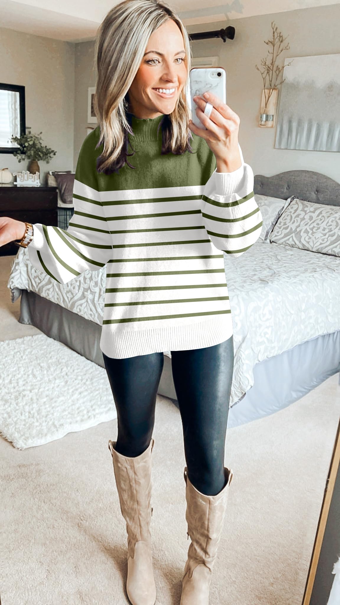 ZESICA Women's 2024 Fall Fashion Turtleneck Long Sleeve Striped Ribbed Knit Loose Pullover Sweater Tops