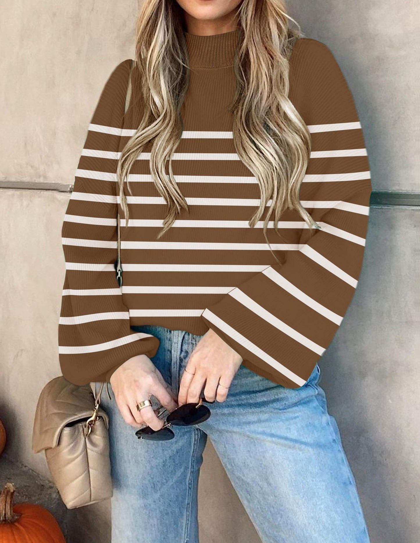 ZESICA Women's 2024 Fall Fashion Turtleneck Long Sleeve Striped Ribbed Knit Loose Pullover Sweater Tops