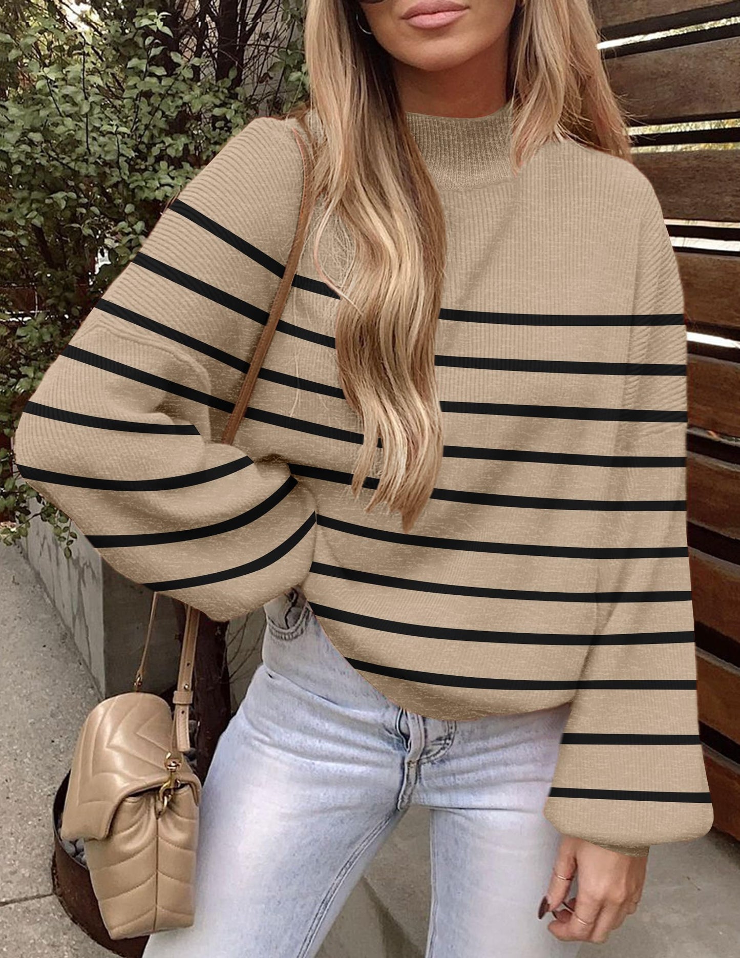 ZESICA Women's 2024 Fall Fashion Turtleneck Long Sleeve Striped Ribbed Knit Loose Pullover Sweater Tops