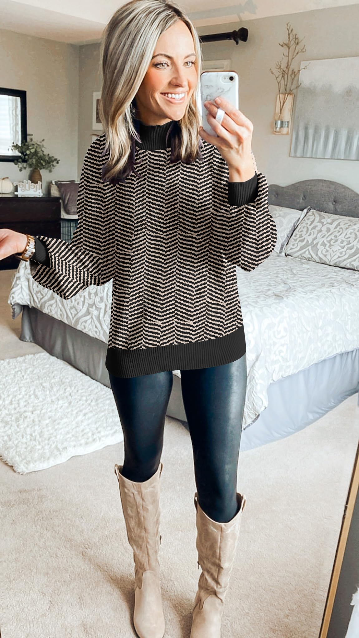 ZESICA Women's 2024 Fall Fashion Turtleneck Long Sleeve Striped Ribbed Knit Loose Pullover Sweater Tops