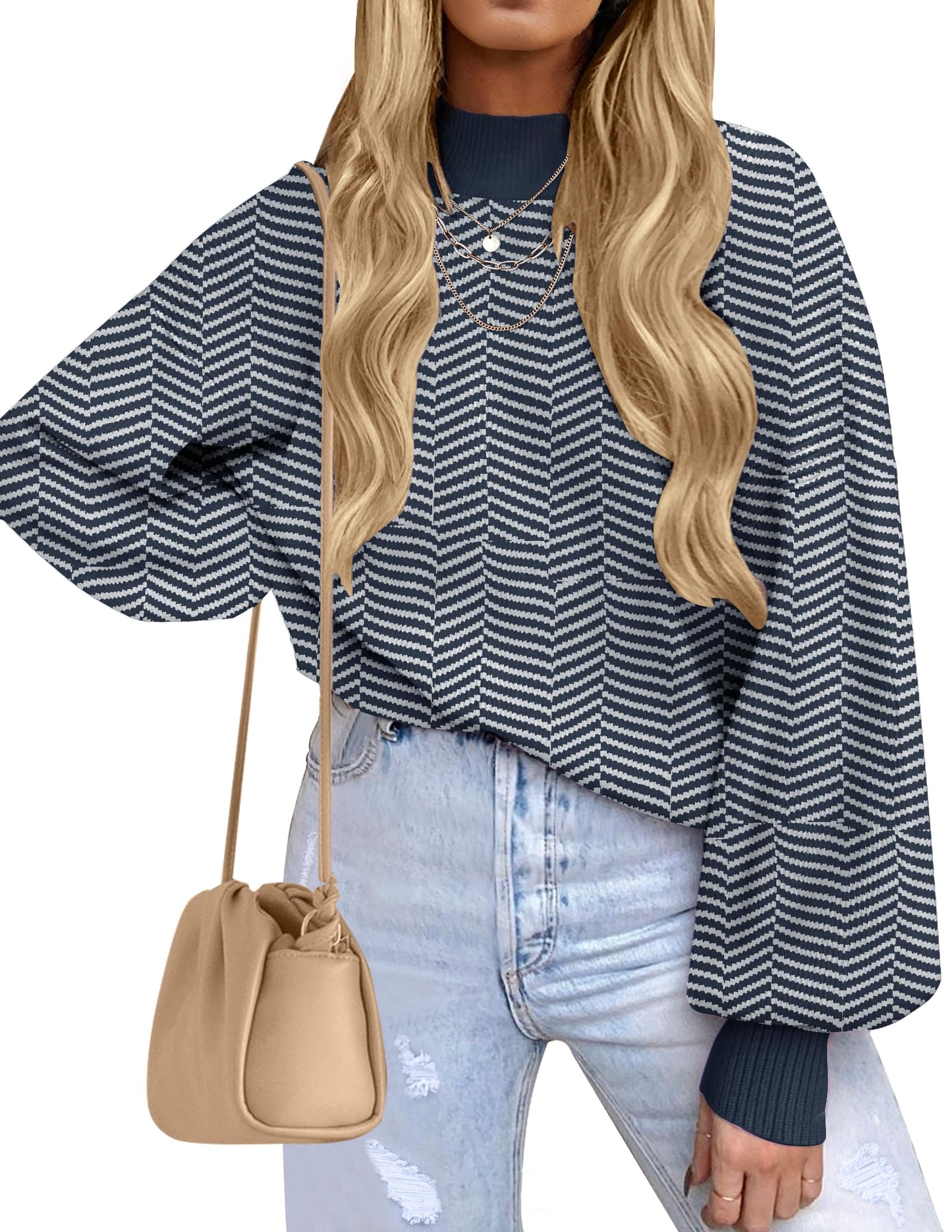 ZESICA Women's 2024 Fall Fashion Turtleneck Long Sleeve Striped Ribbed Knit Loose Pullover Sweater Tops