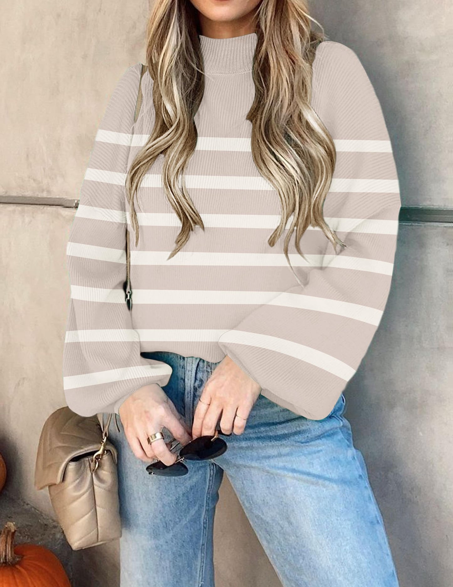 ZESICA Women's 2024 Fall Fashion Turtleneck Long Sleeve Striped Ribbed Knit Loose Pullover Sweater Tops