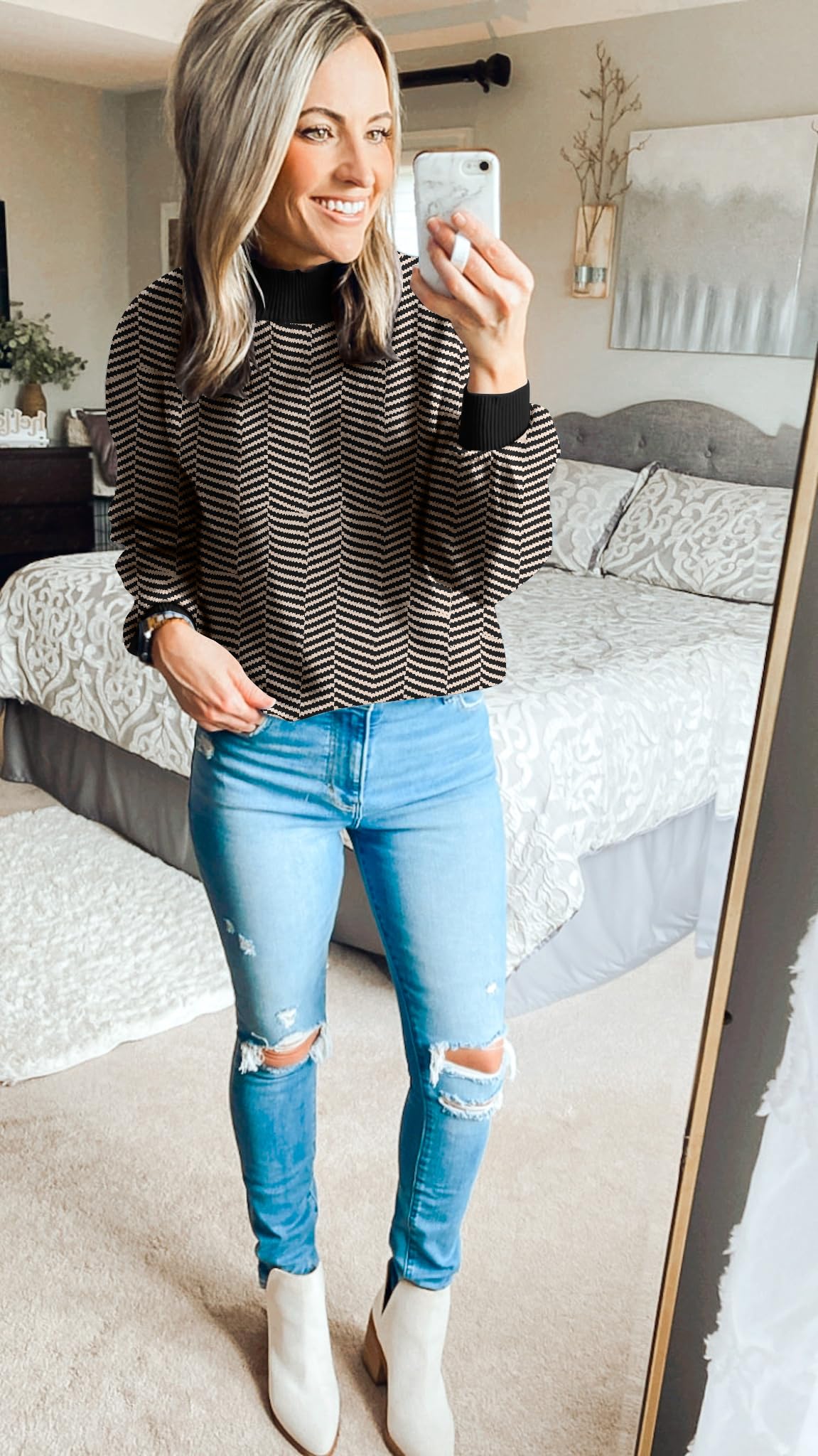 ZESICA Women's 2024 Fall Fashion Turtleneck Long Sleeve Striped Ribbed Knit Loose Pullover Sweater Tops