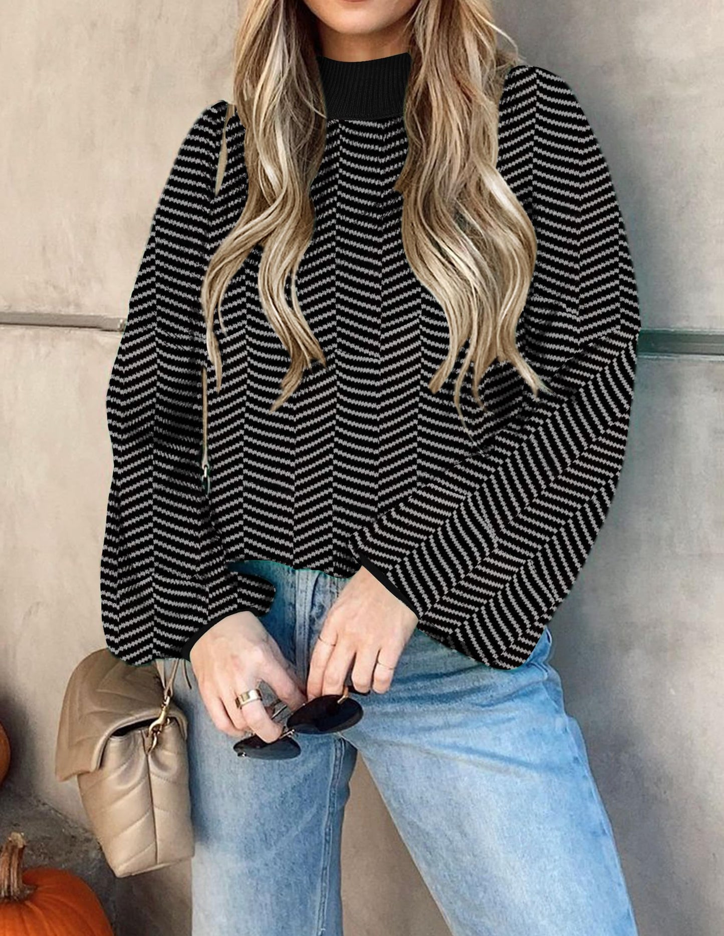 ZESICA Women's 2024 Fall Fashion Turtleneck Long Sleeve Striped Ribbed Knit Loose Pullover Sweater Tops