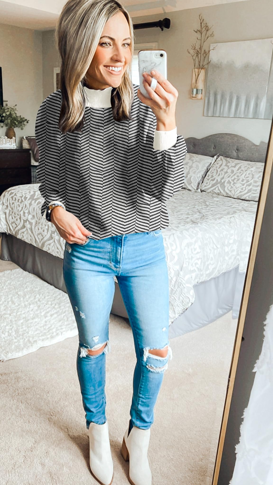 ZESICA Women's 2024 Fall Fashion Turtleneck Long Sleeve Striped Ribbed Knit Loose Pullover Sweater Tops