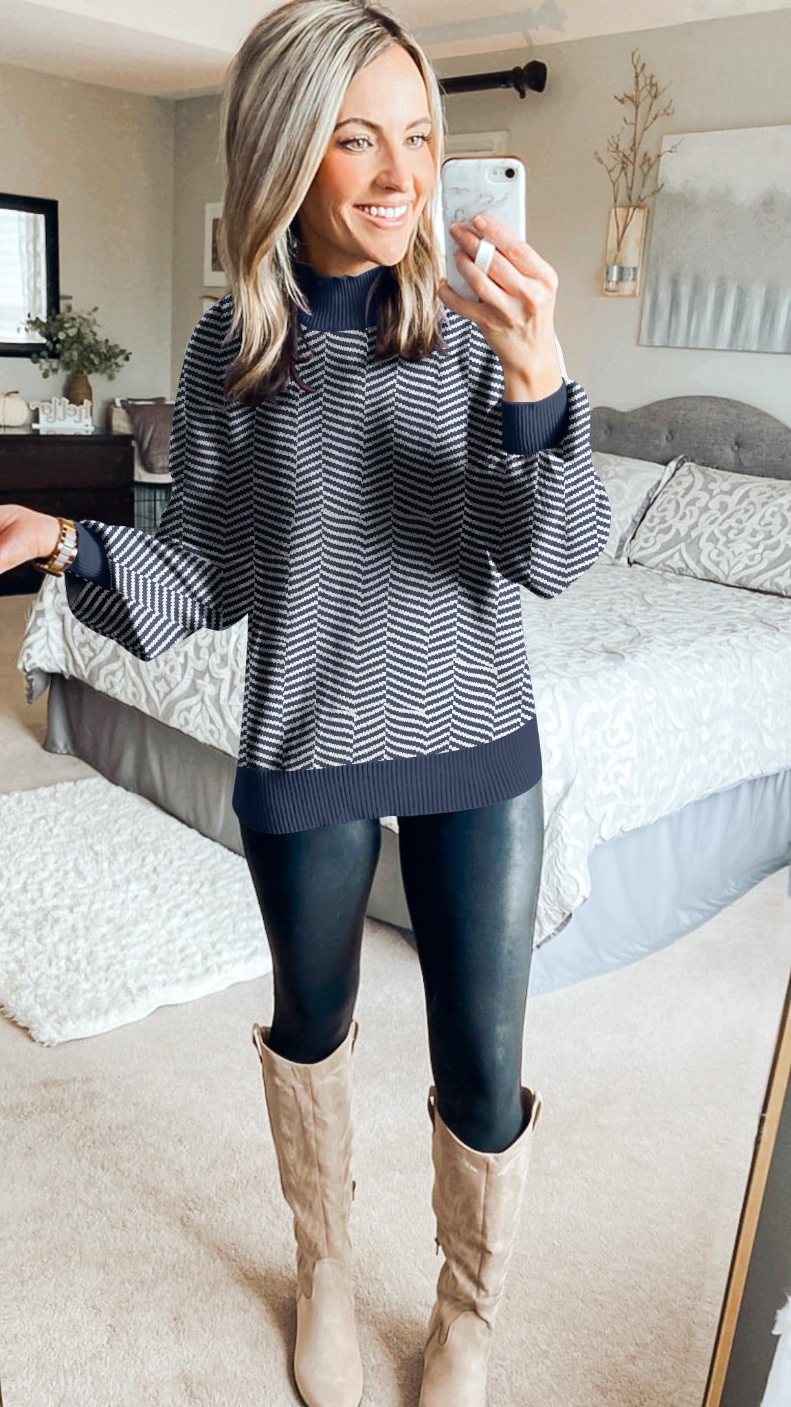 ZESICA Women's 2024 Fall Fashion Turtleneck Long Sleeve Striped Ribbed Knit Loose Pullover Sweater Tops