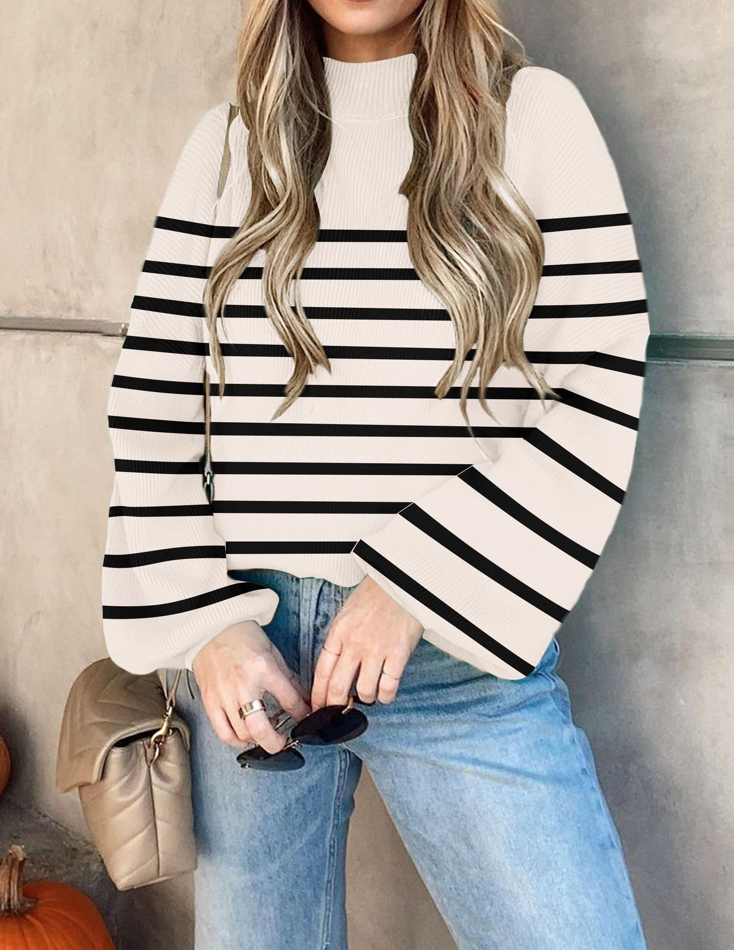 ZESICA Women's 2024 Fall Fashion Turtleneck Long Sleeve Striped Ribbed Knit Loose Pullover Sweater Tops