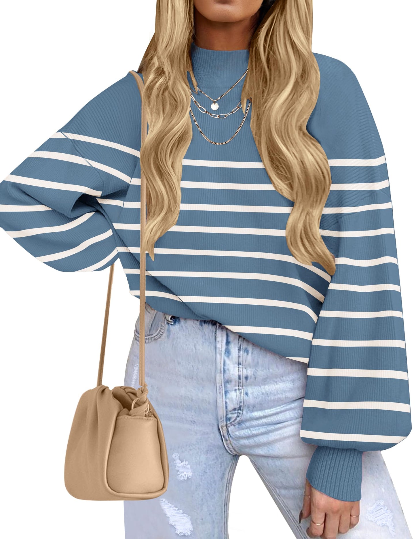 ZESICA Women's 2024 Fall Fashion Turtleneck Long Sleeve Striped Ribbed Knit Loose Pullover Sweater Tops