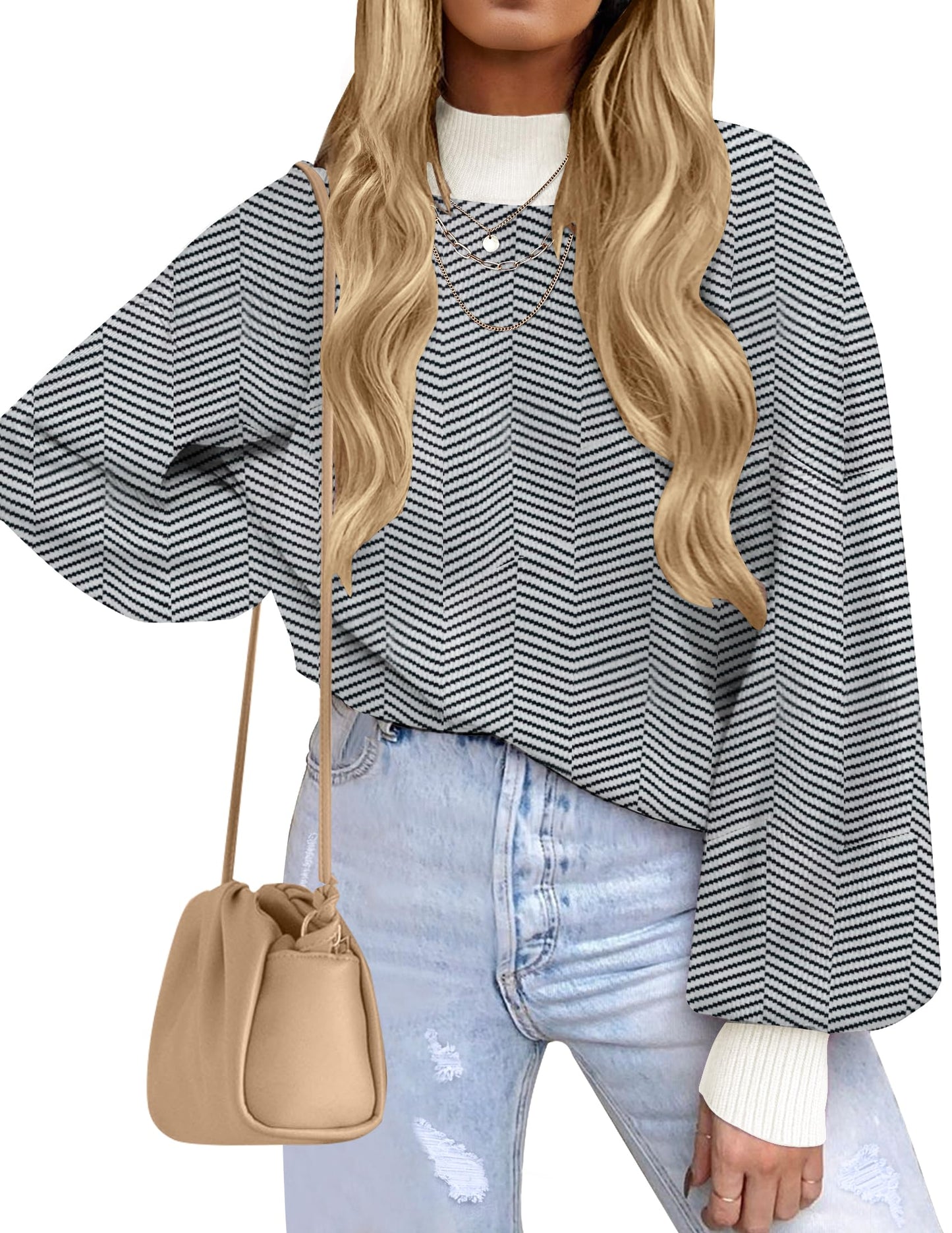 ZESICA Women's 2024 Fall Fashion Turtleneck Long Sleeve Striped Ribbed Knit Loose Pullover Sweater Tops