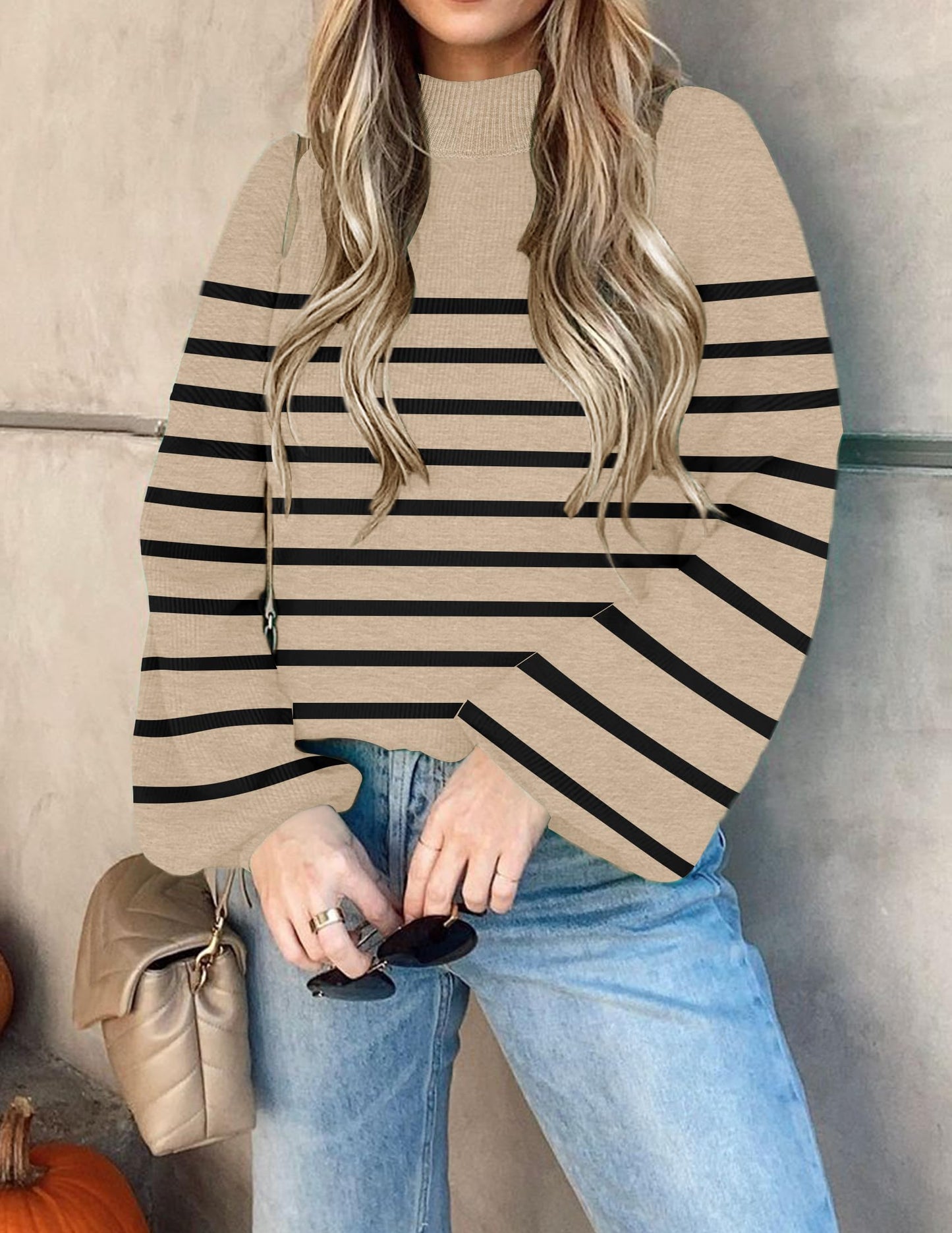 ZESICA Women's 2024 Fall Fashion Turtleneck Long Sleeve Striped Ribbed Knit Loose Pullover Sweater Tops