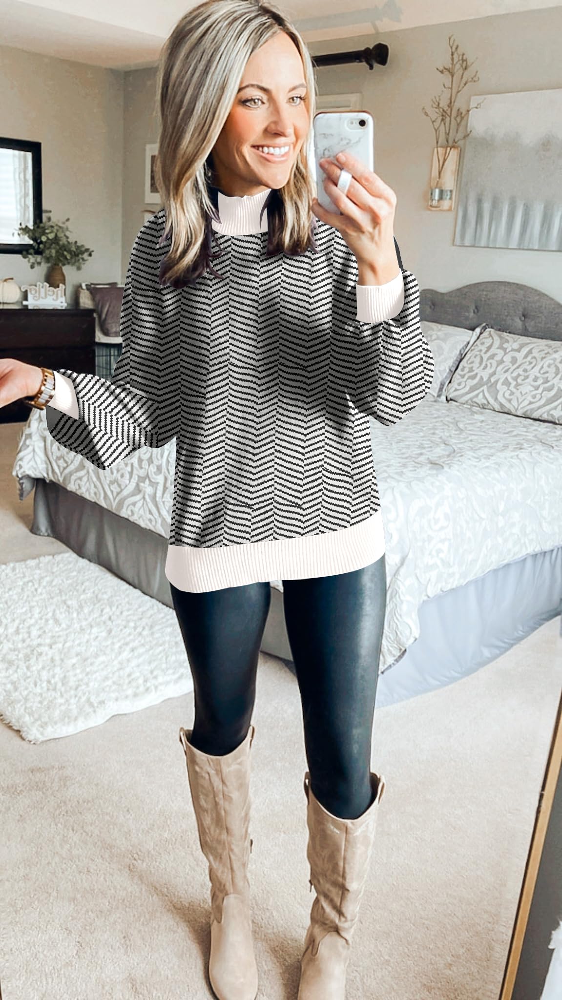ZESICA Women's 2024 Fall Fashion Turtleneck Long Sleeve Striped Ribbed Knit Loose Pullover Sweater Tops