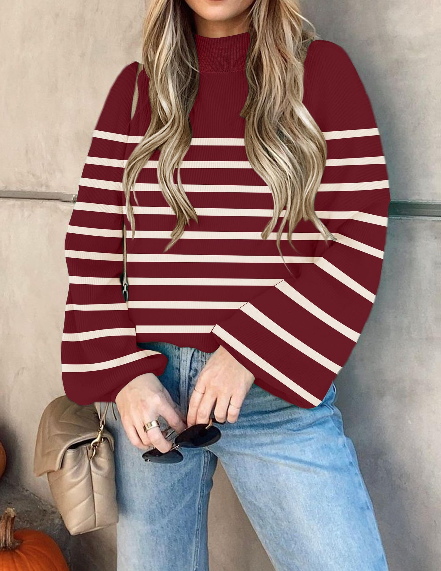 ZESICA Women's 2024 Fall Fashion Turtleneck Long Sleeve Striped Ribbed Knit Loose Pullover Sweater Tops