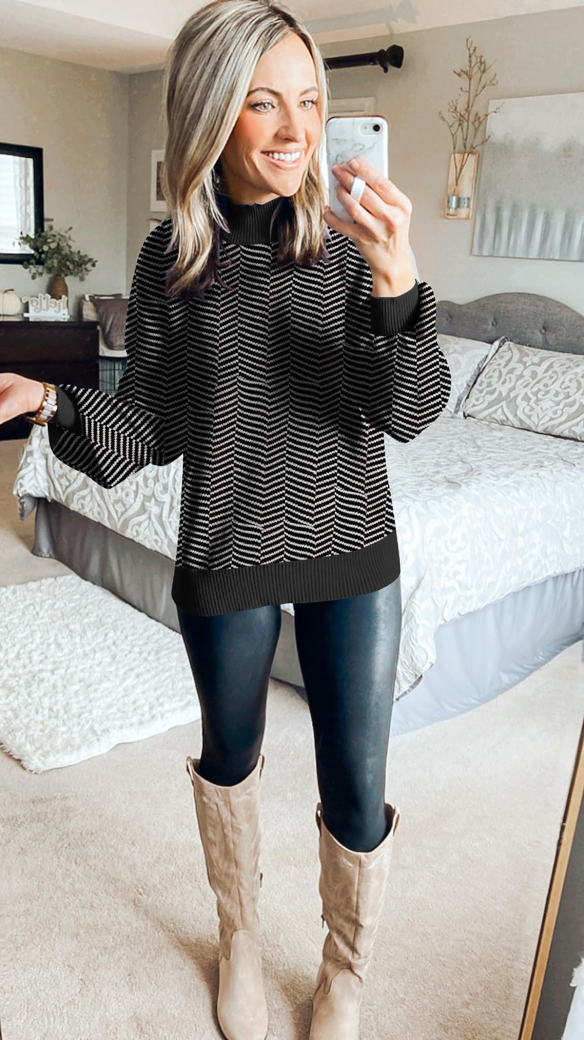 ZESICA Women's 2024 Fall Fashion Turtleneck Long Sleeve Striped Ribbed Knit Loose Pullover Sweater Tops