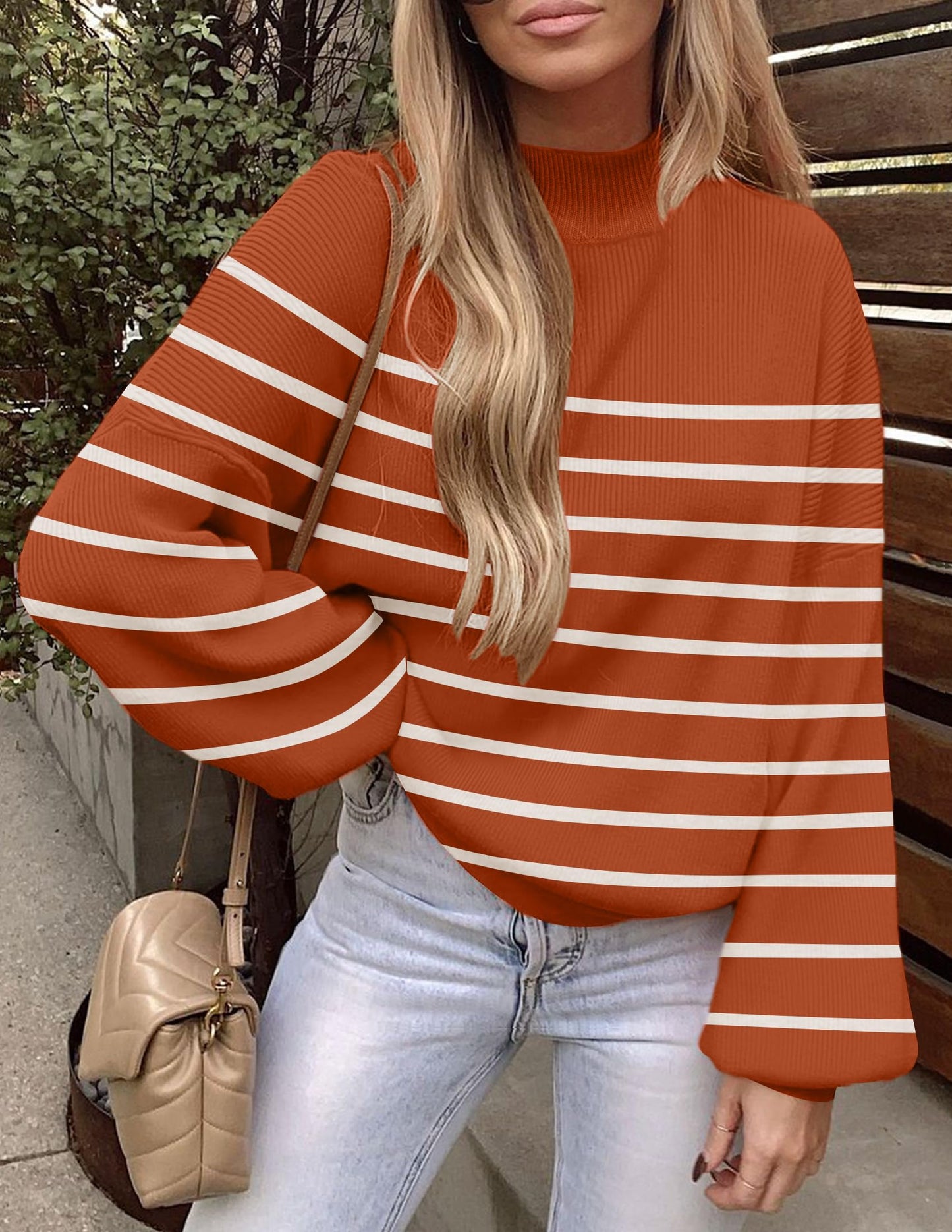 ZESICA Women's 2024 Fall Fashion Turtleneck Long Sleeve Striped Ribbed Knit Loose Pullover Sweater Tops