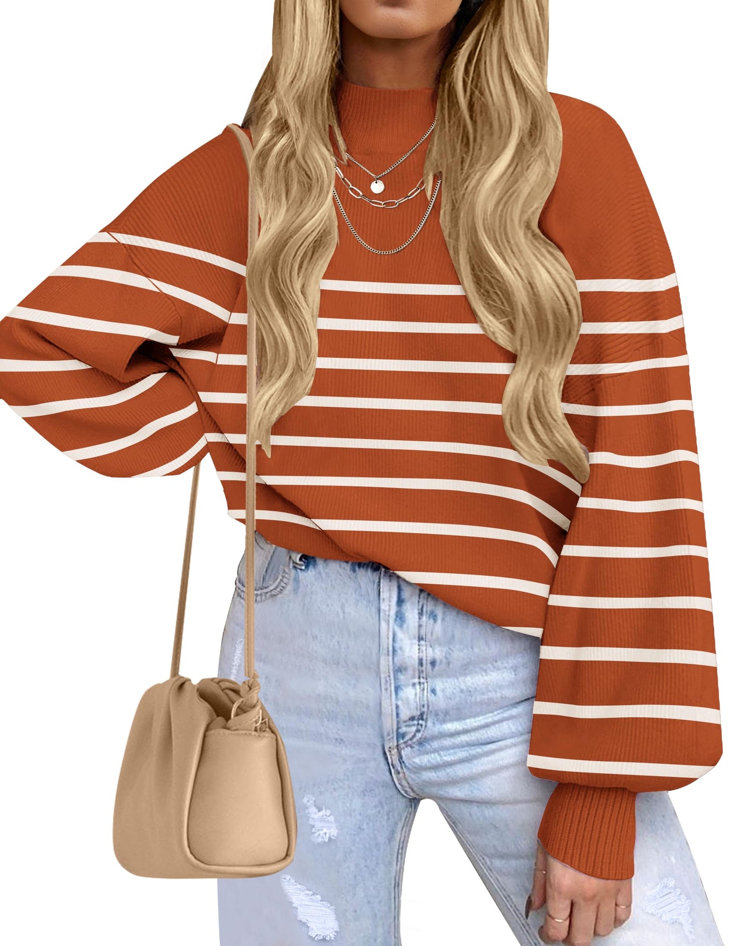 ZESICA Women's 2024 Fall Fashion Turtleneck Long Sleeve Striped Ribbed Knit Loose Pullover Sweater Tops