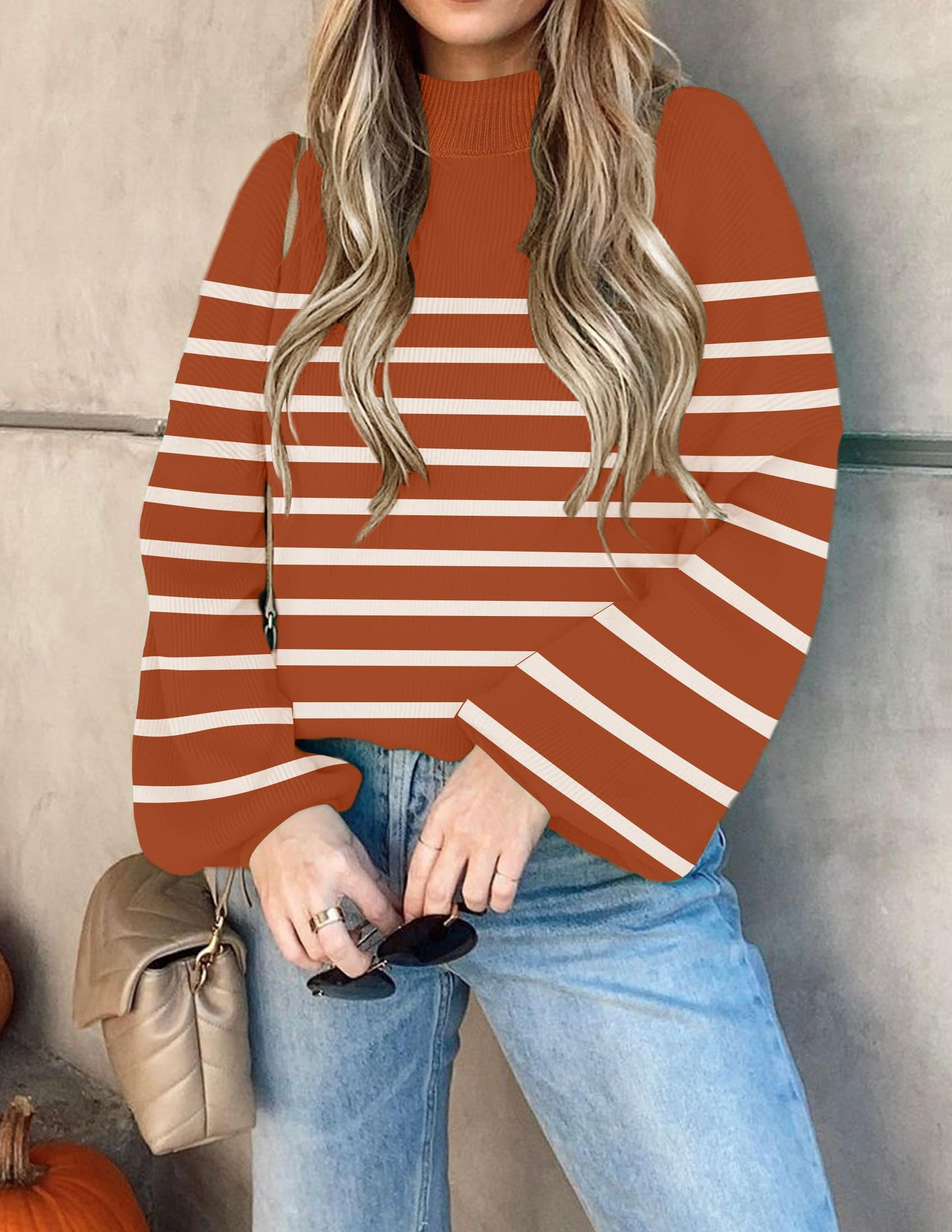 ZESICA Women's 2024 Fall Fashion Turtleneck Long Sleeve Striped Ribbed Knit Loose Pullover Sweater Tops