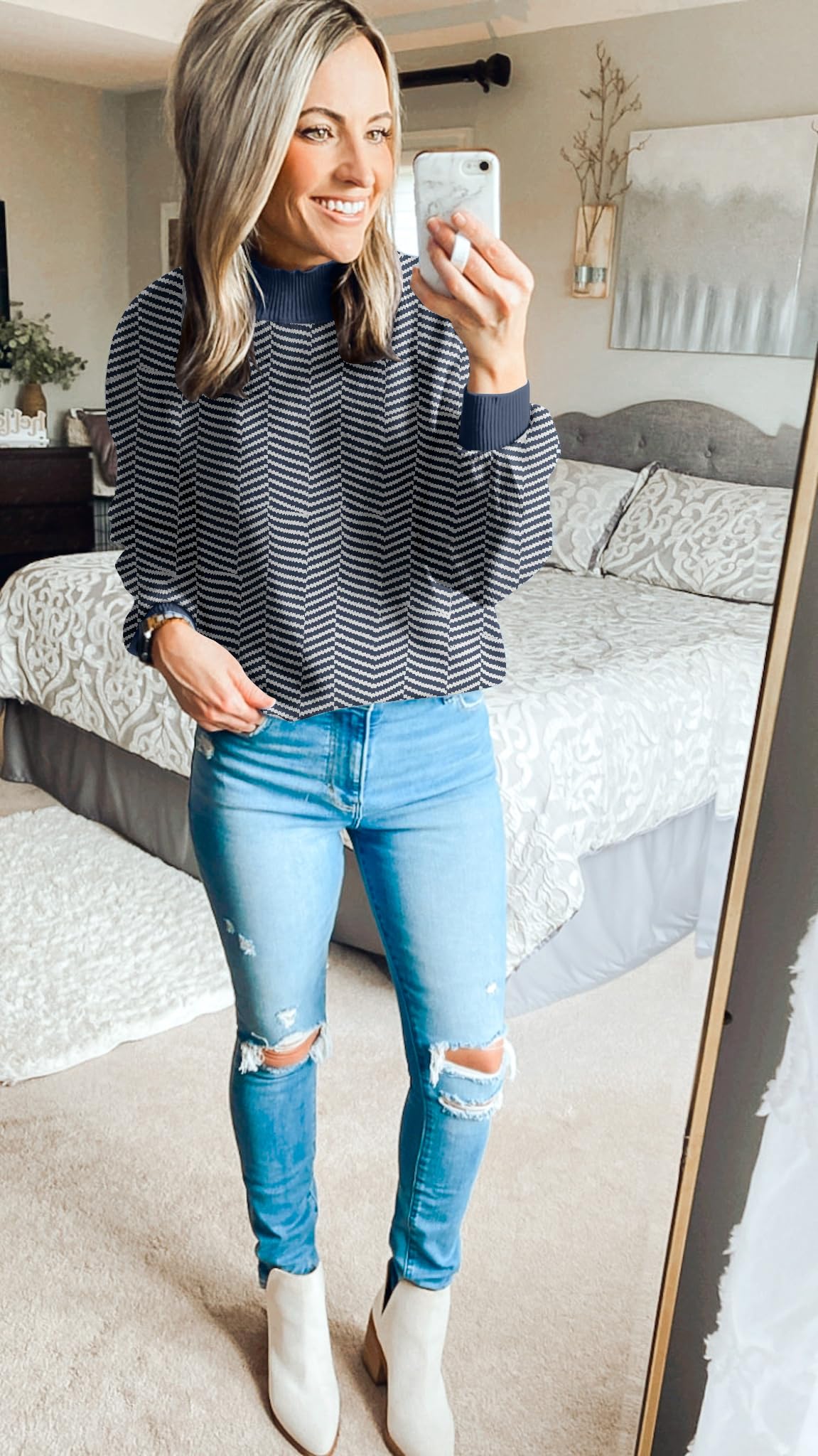 ZESICA Women's 2024 Fall Fashion Turtleneck Long Sleeve Striped Ribbed Knit Loose Pullover Sweater Tops