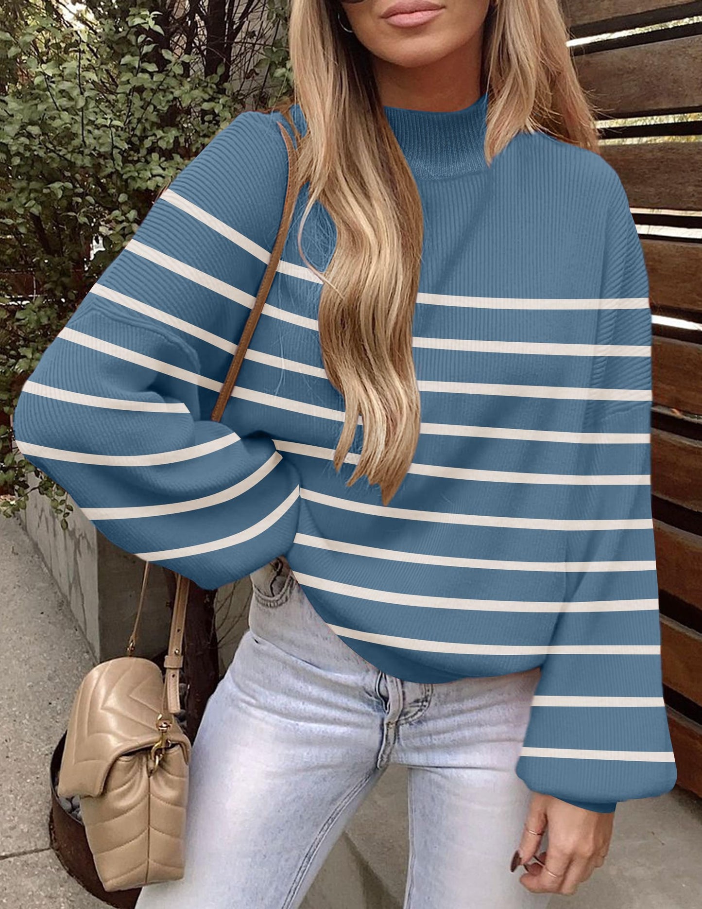 ZESICA Women's 2024 Fall Fashion Turtleneck Long Sleeve Striped Ribbed Knit Loose Pullover Sweater Tops