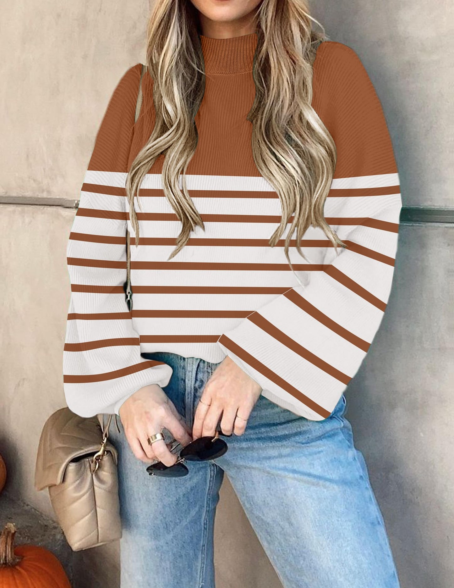 ZESICA Women's 2024 Fall Fashion Turtleneck Long Sleeve Striped Ribbed Knit Loose Pullover Sweater Tops