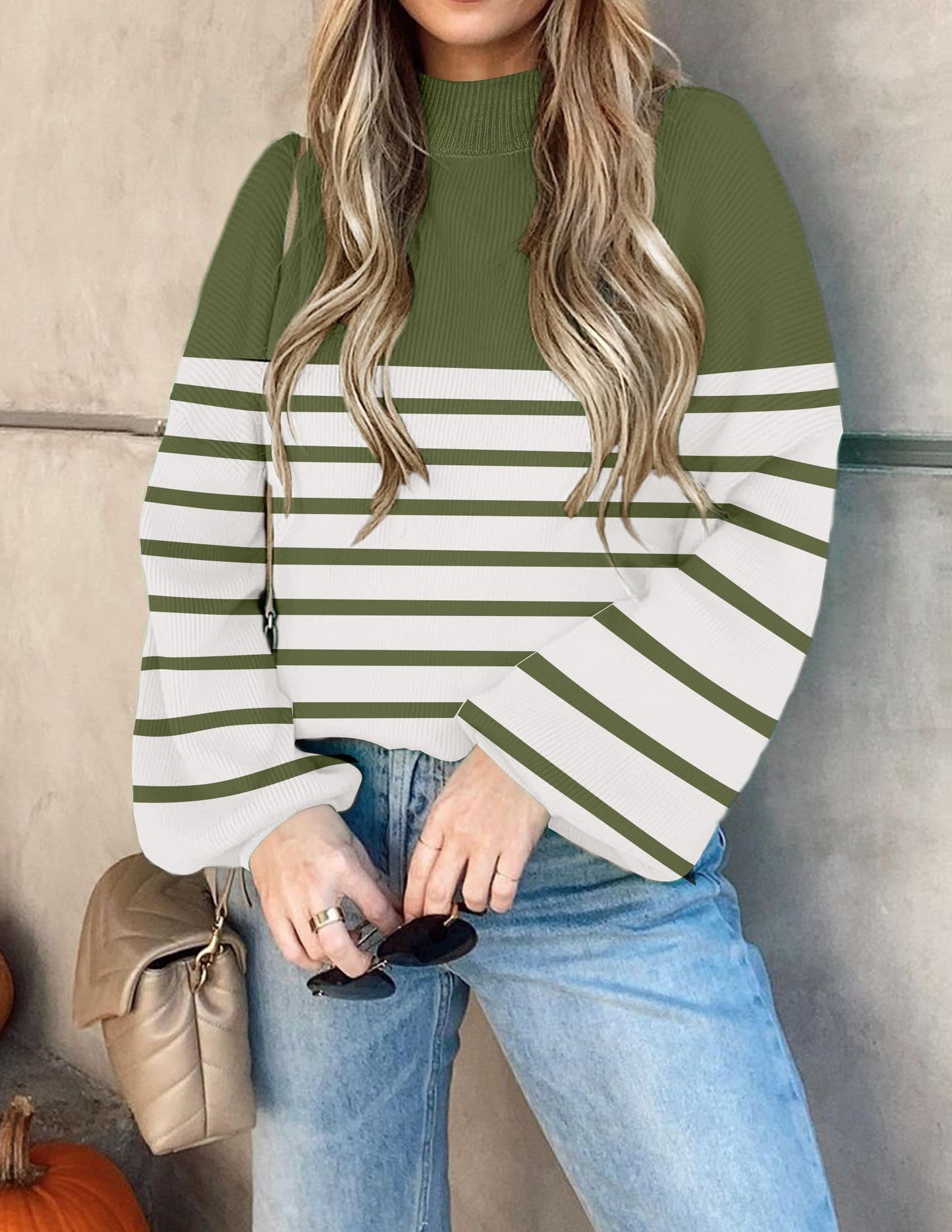 ZESICA Women's 2024 Fall Fashion Turtleneck Long Sleeve Striped Ribbed Knit Loose Pullover Sweater Tops