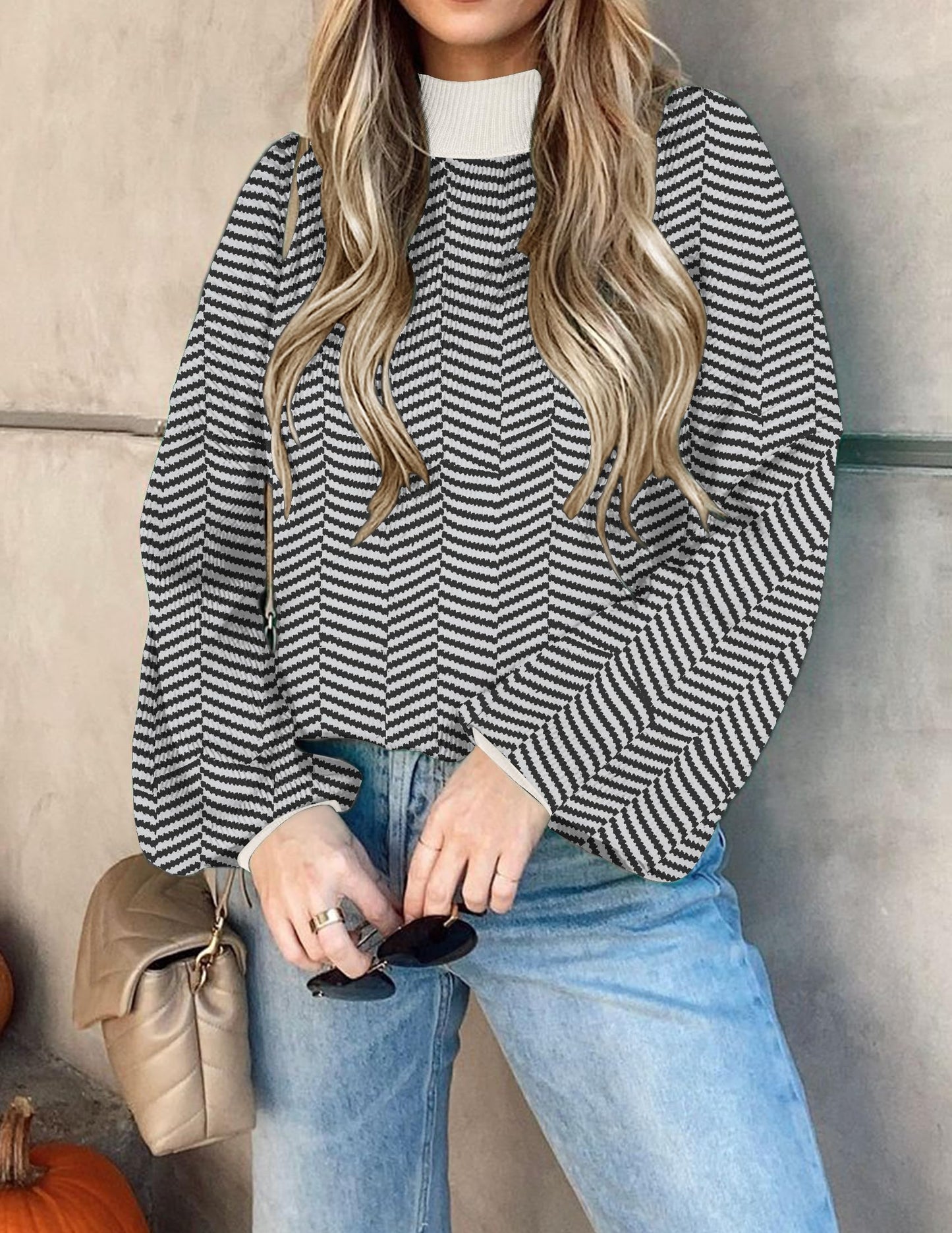 ZESICA Women's 2024 Fall Fashion Turtleneck Long Sleeve Striped Ribbed Knit Loose Pullover Sweater Tops