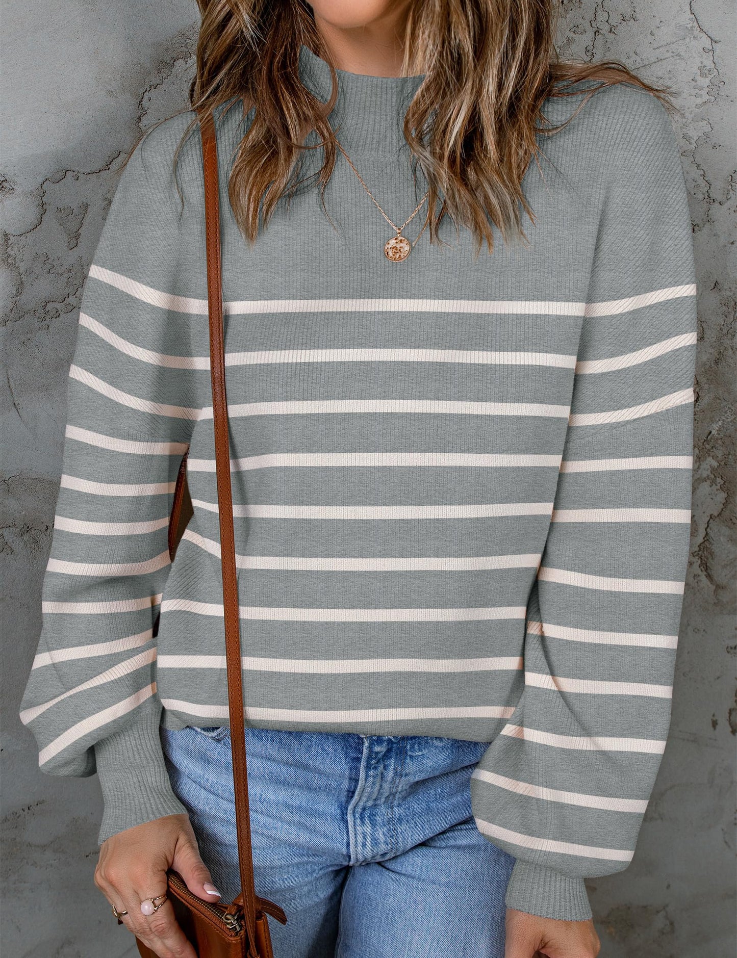 ZESICA Women's 2024 Fall Fashion Turtleneck Long Sleeve Striped Ribbed Knit Loose Pullover Sweater Tops