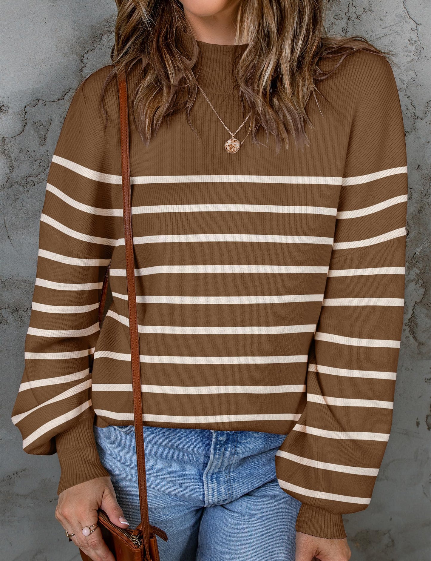 ZESICA Women's 2024 Fall Fashion Turtleneck Long Sleeve Striped Ribbed Knit Loose Pullover Sweater Tops