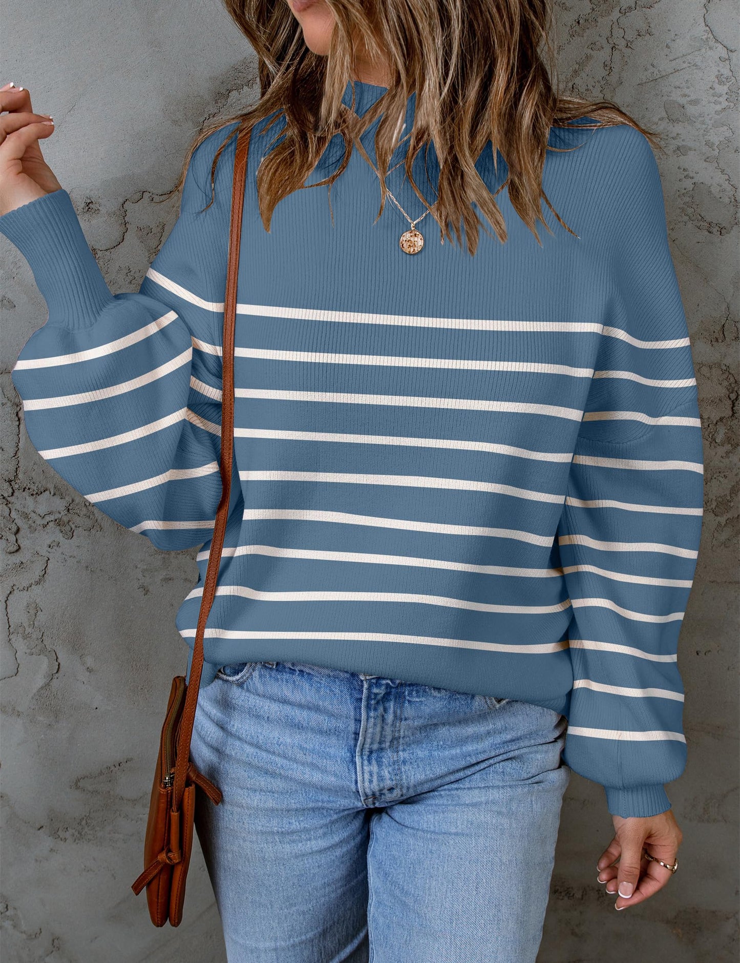 ZESICA Women's 2024 Fall Fashion Turtleneck Long Sleeve Striped Ribbed Knit Loose Pullover Sweater Tops