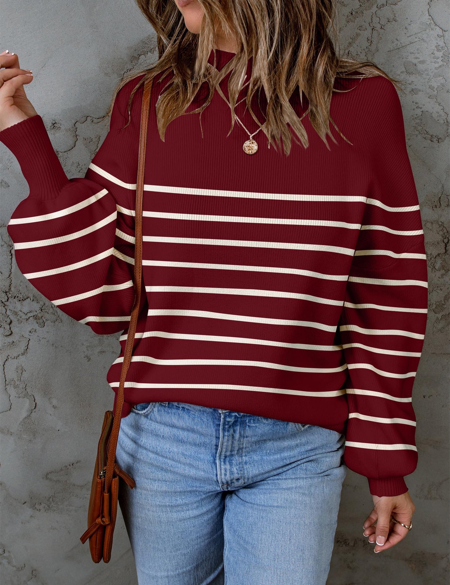 ZESICA Women's 2024 Fall Fashion Turtleneck Long Sleeve Striped Ribbed Knit Loose Pullover Sweater Tops