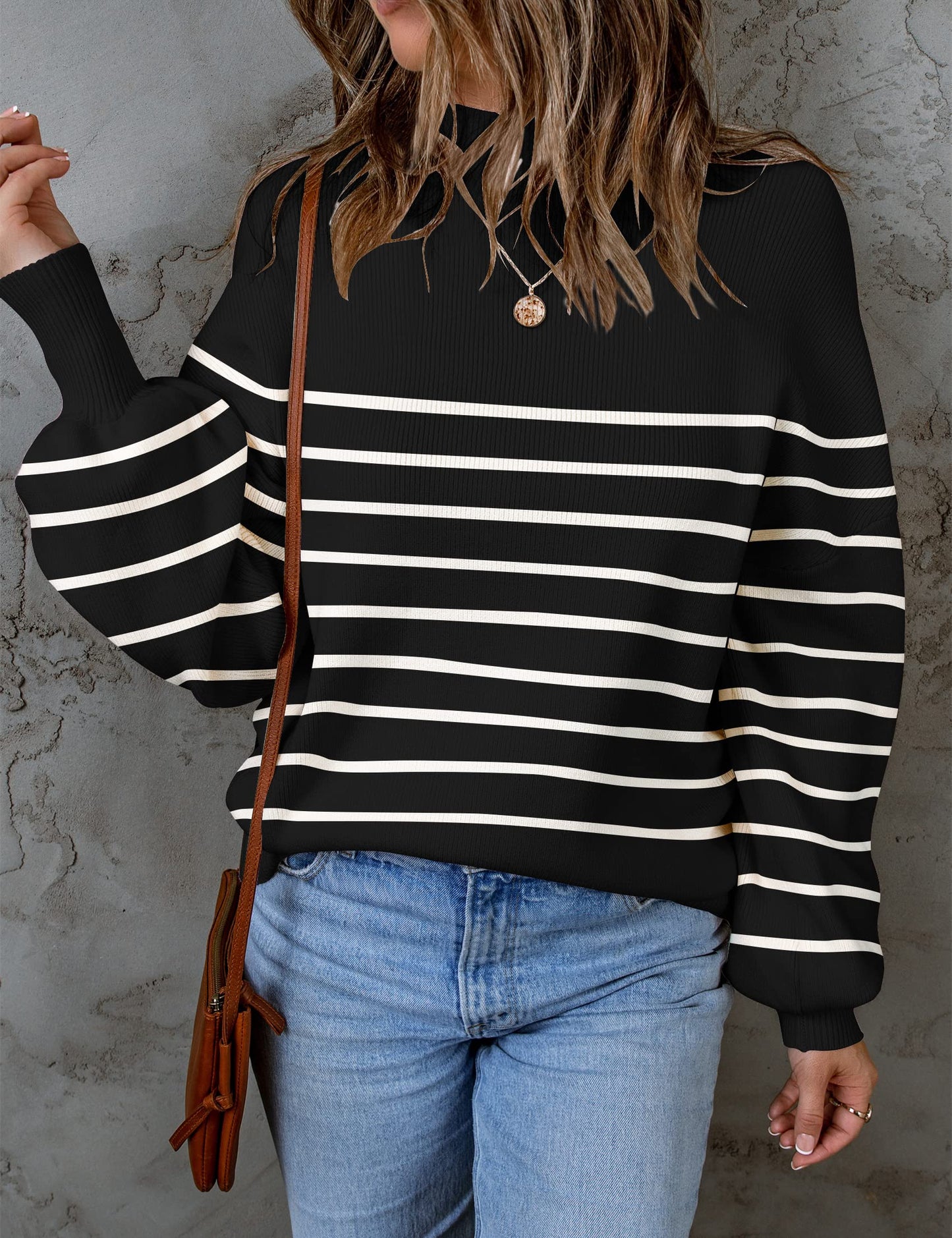 ZESICA Women's 2024 Fall Fashion Turtleneck Long Sleeve Striped Ribbed Knit Loose Pullover Sweater Tops