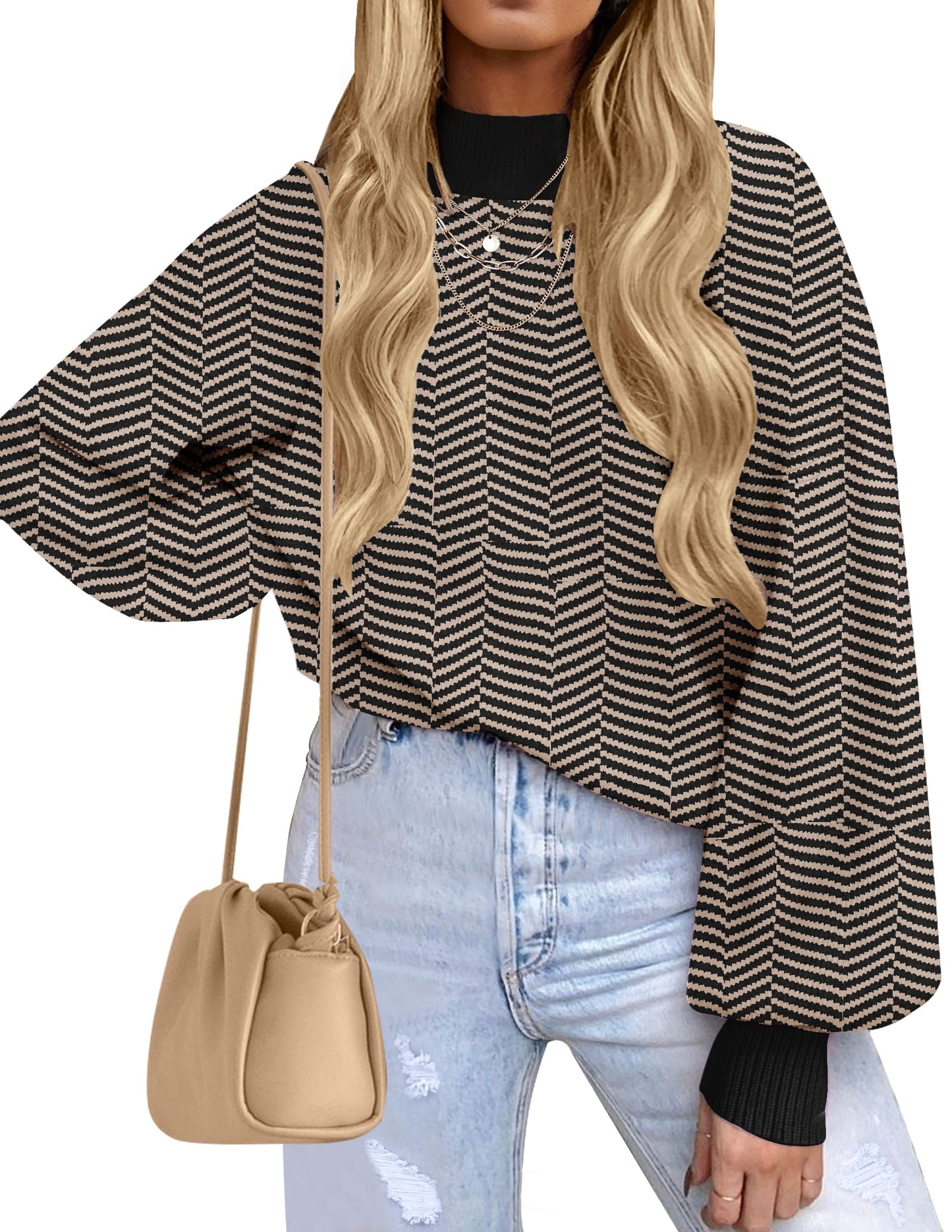 ZESICA Women's 2024 Fall Fashion Turtleneck Long Sleeve Striped Ribbed Knit Loose Pullover Sweater Tops