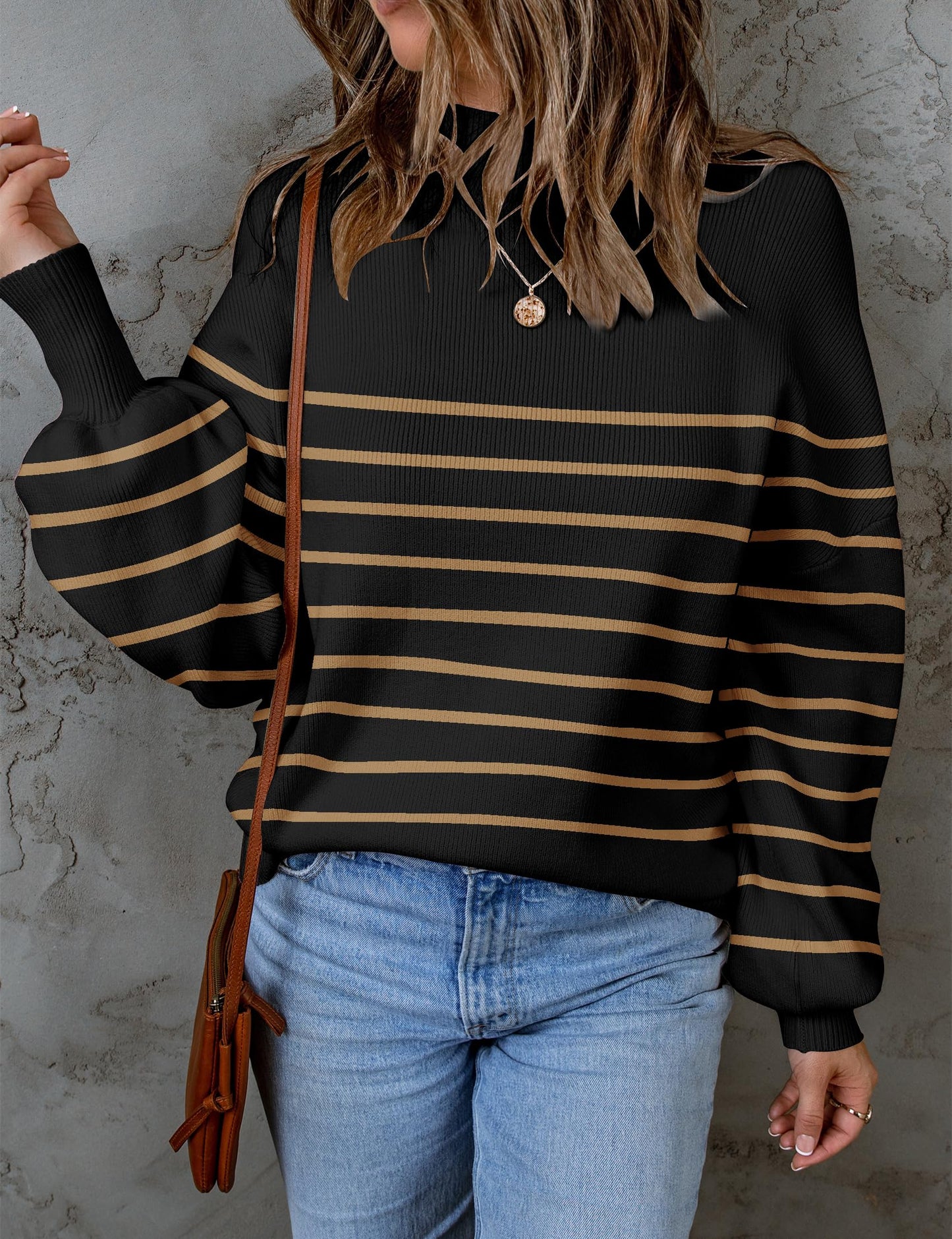 ZESICA Women's 2024 Fall Fashion Turtleneck Long Sleeve Striped Ribbed Knit Loose Pullover Sweater Tops
