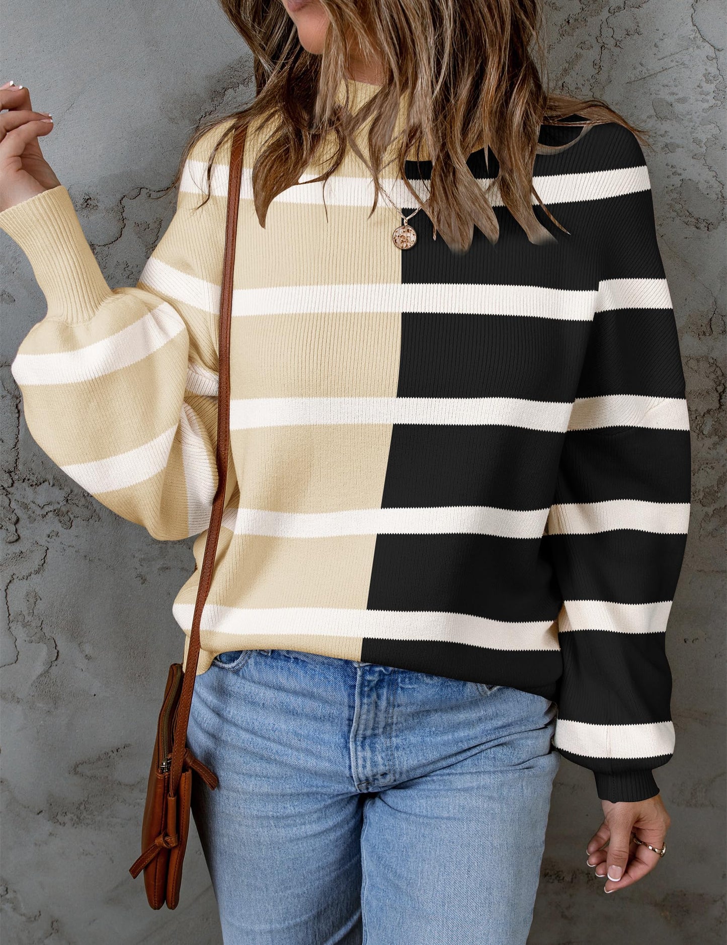 ZESICA Women's 2024 Fall Fashion Turtleneck Long Sleeve Striped Ribbed Knit Loose Pullover Sweater Tops