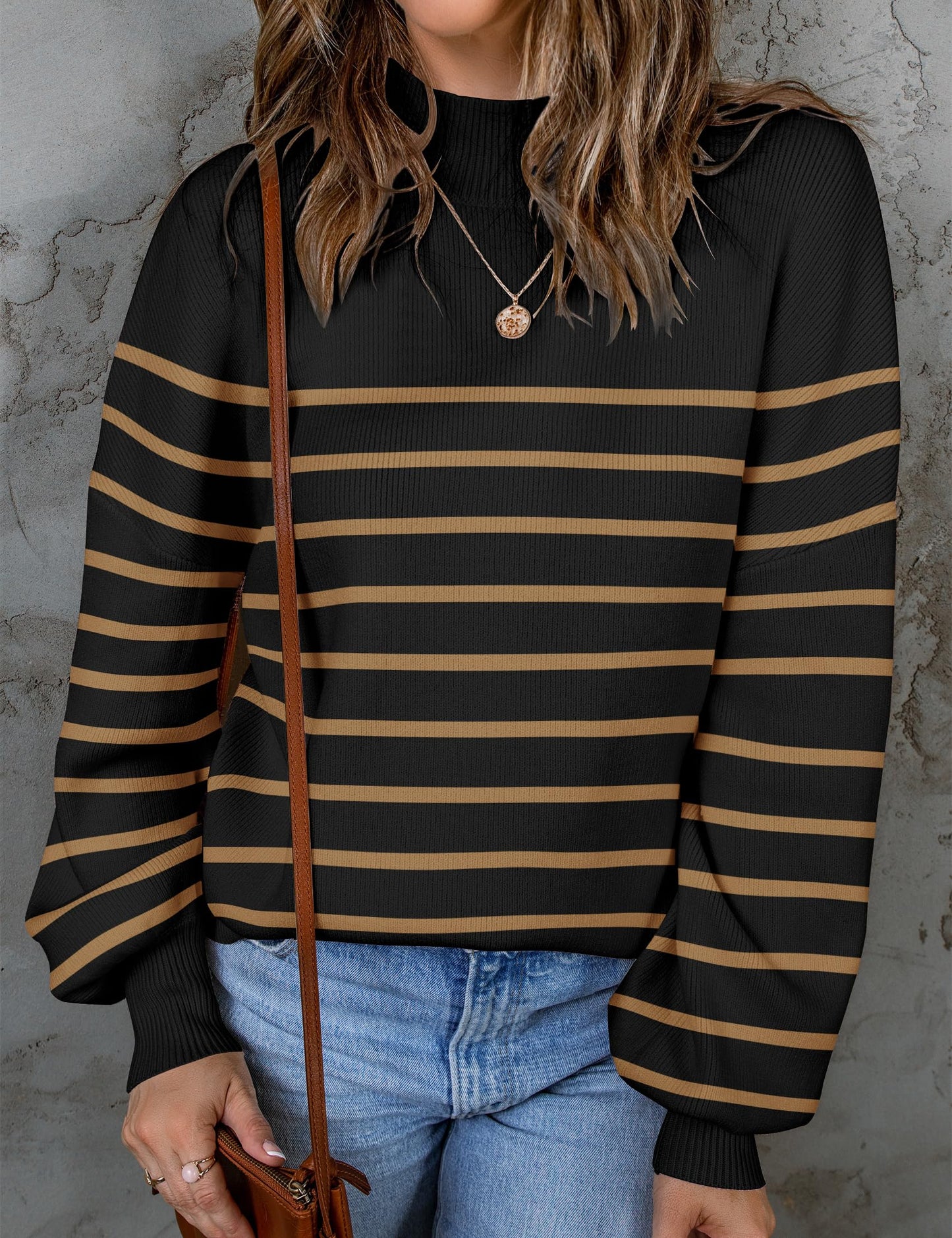 ZESICA Women's 2024 Fall Fashion Turtleneck Long Sleeve Striped Ribbed Knit Loose Pullover Sweater Tops