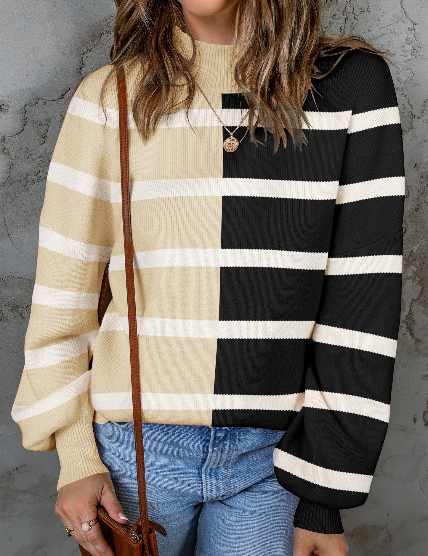 ZESICA Women's 2024 Fall Fashion Turtleneck Long Sleeve Striped Ribbed Knit Loose Pullover Sweater Tops