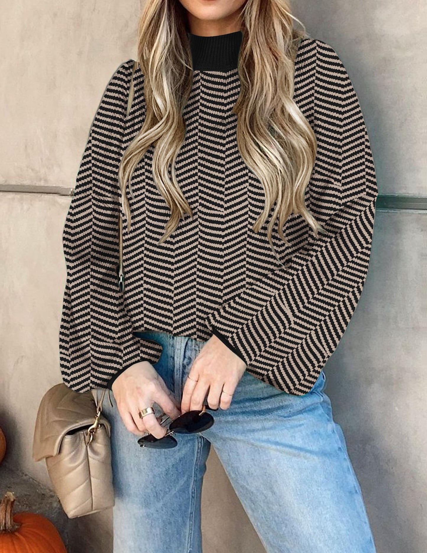 ZESICA Women's 2024 Fall Fashion Turtleneck Long Sleeve Striped Ribbed Knit Loose Pullover Sweater Tops