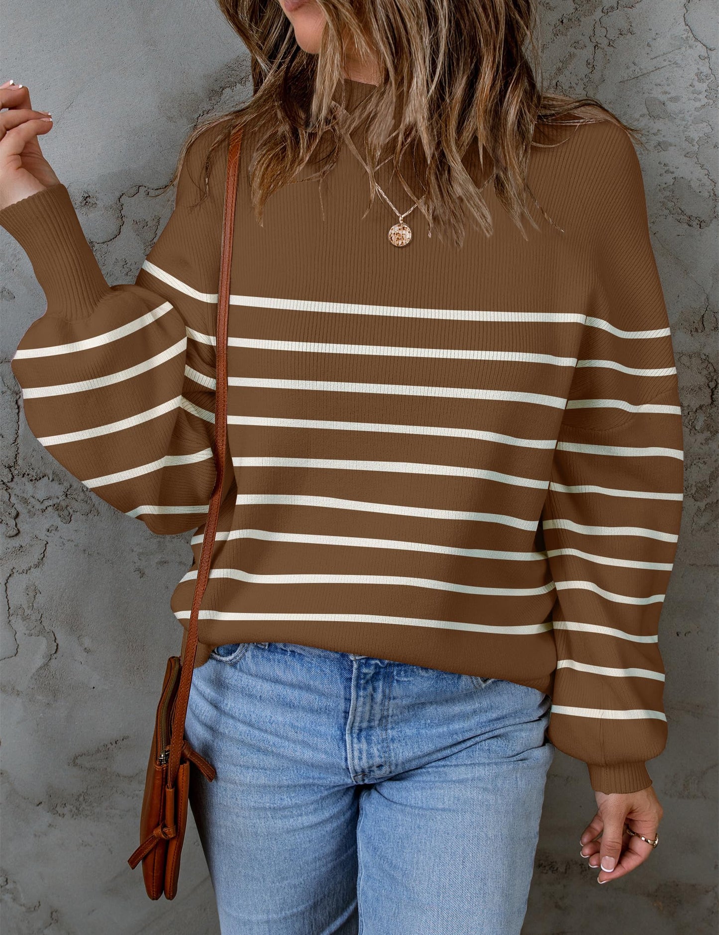 ZESICA Women's 2024 Fall Fashion Turtleneck Long Sleeve Striped Ribbed Knit Loose Pullover Sweater Tops