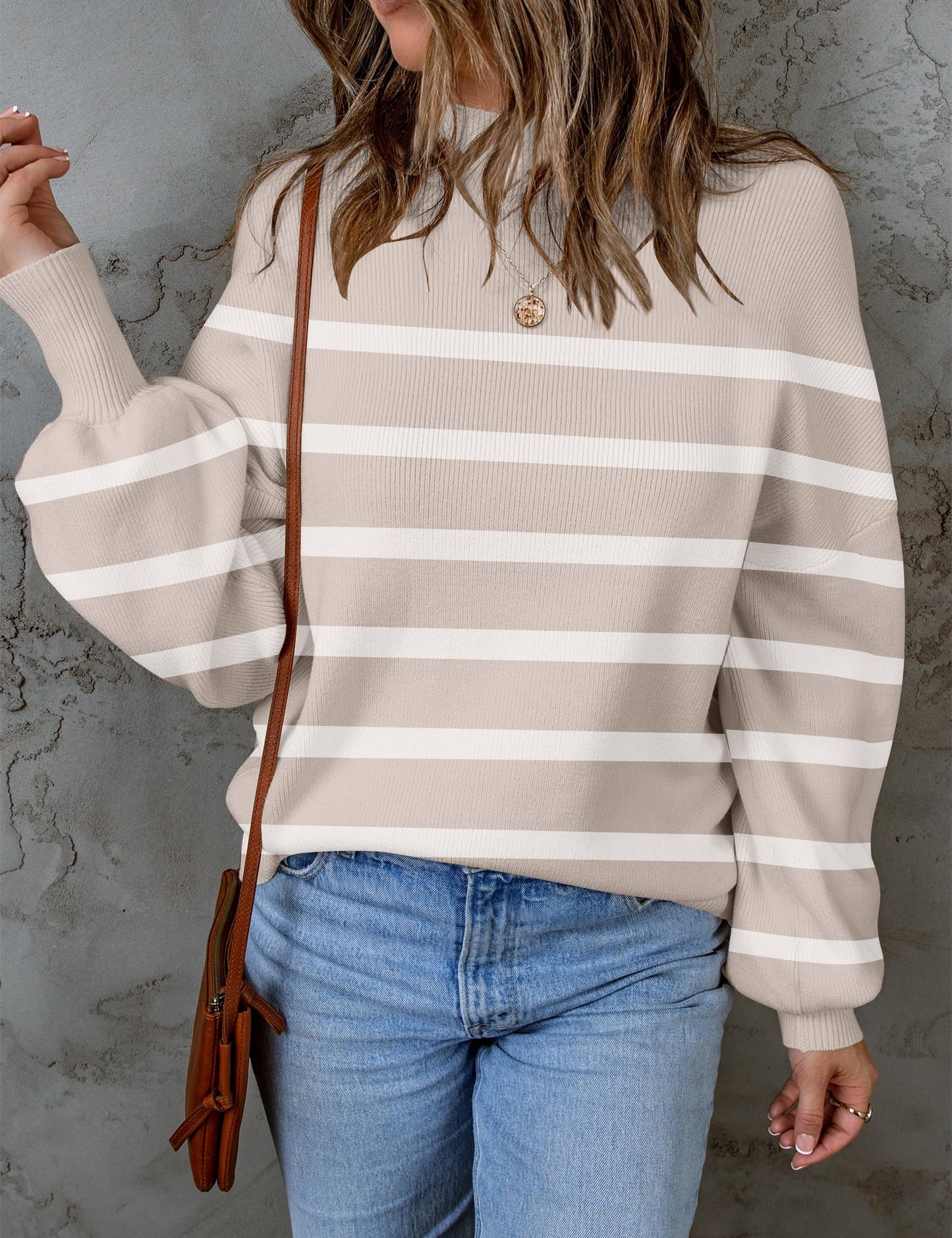 ZESICA Women's 2024 Fall Fashion Turtleneck Long Sleeve Striped Ribbed Knit Loose Pullover Sweater Tops