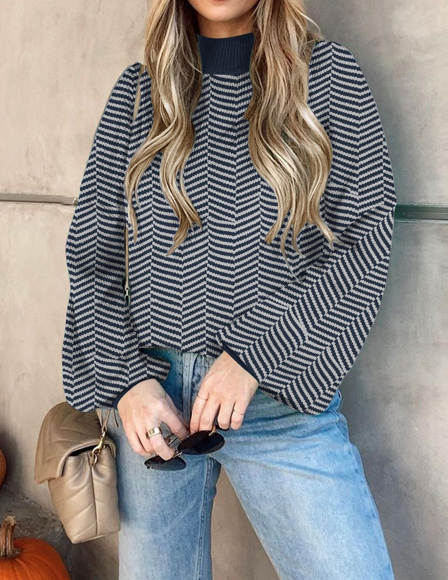 ZESICA Women's 2024 Fall Fashion Turtleneck Long Sleeve Striped Ribbed Knit Loose Pullover Sweater Tops