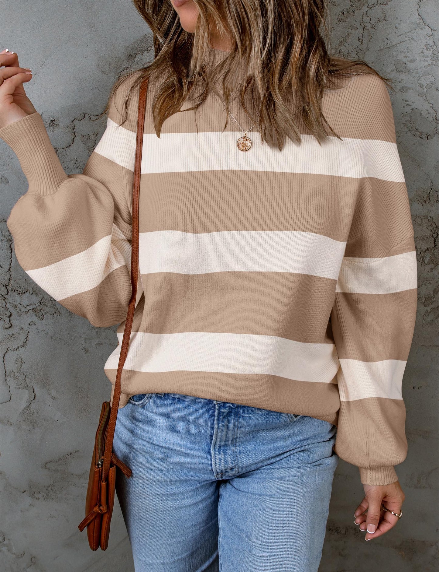 ZESICA Women's 2024 Fall Fashion Turtleneck Long Sleeve Striped Ribbed Knit Loose Pullover Sweater Tops