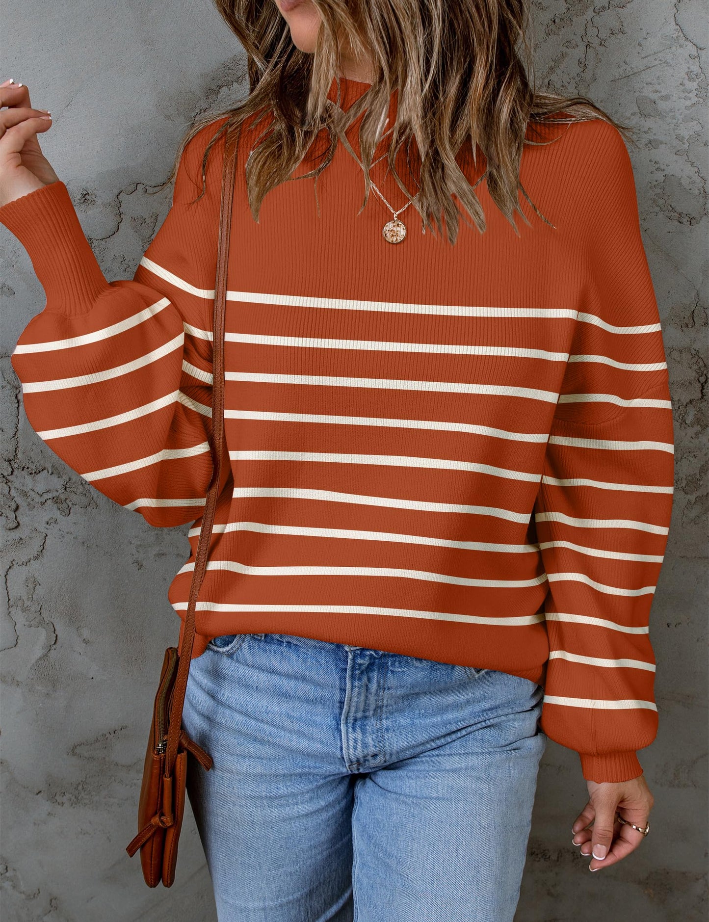 ZESICA Women's 2024 Fall Fashion Turtleneck Long Sleeve Striped Ribbed Knit Loose Pullover Sweater Tops