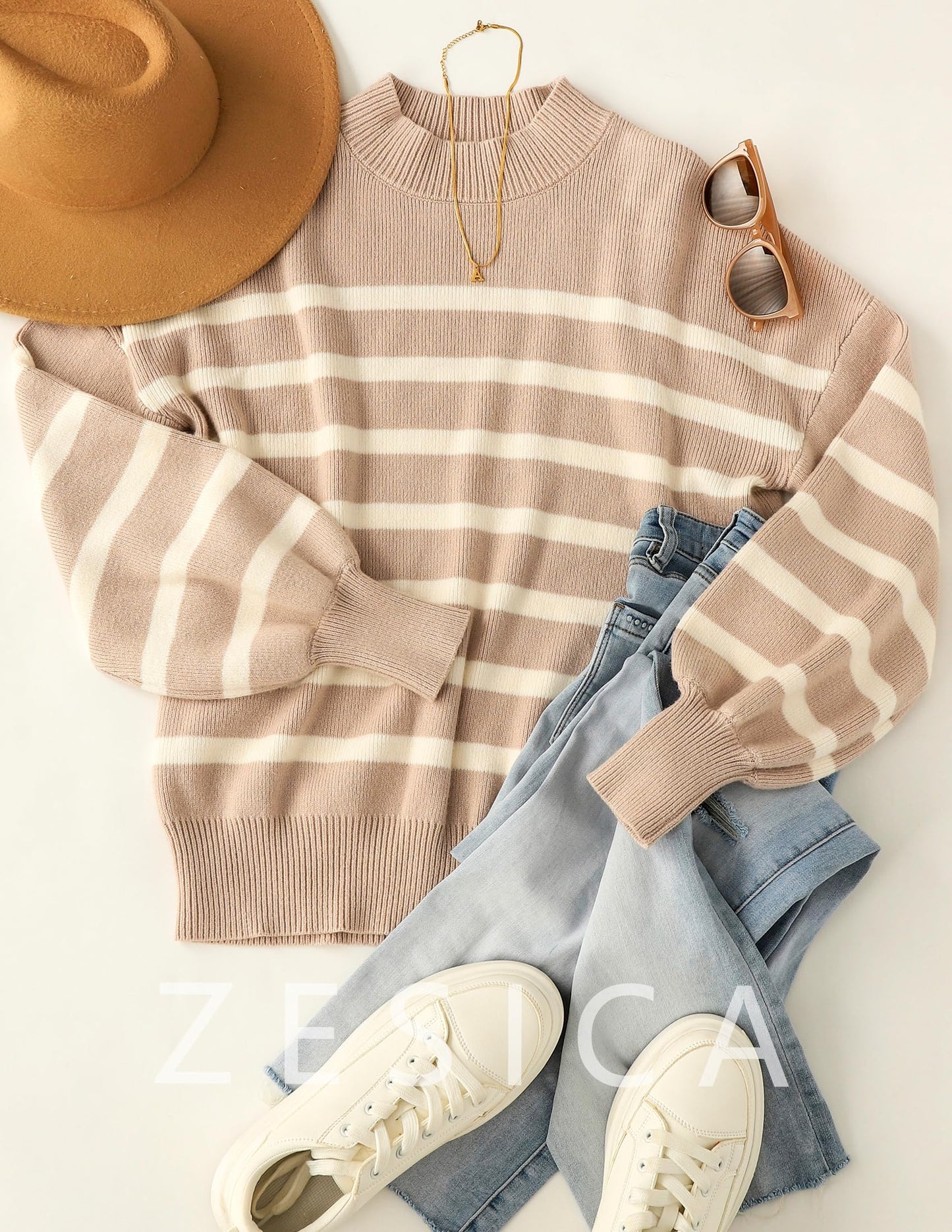 ZESICA Women's 2024 Fall Fashion Turtleneck Long Sleeve Striped Ribbed Knit Loose Pullover Sweater Tops