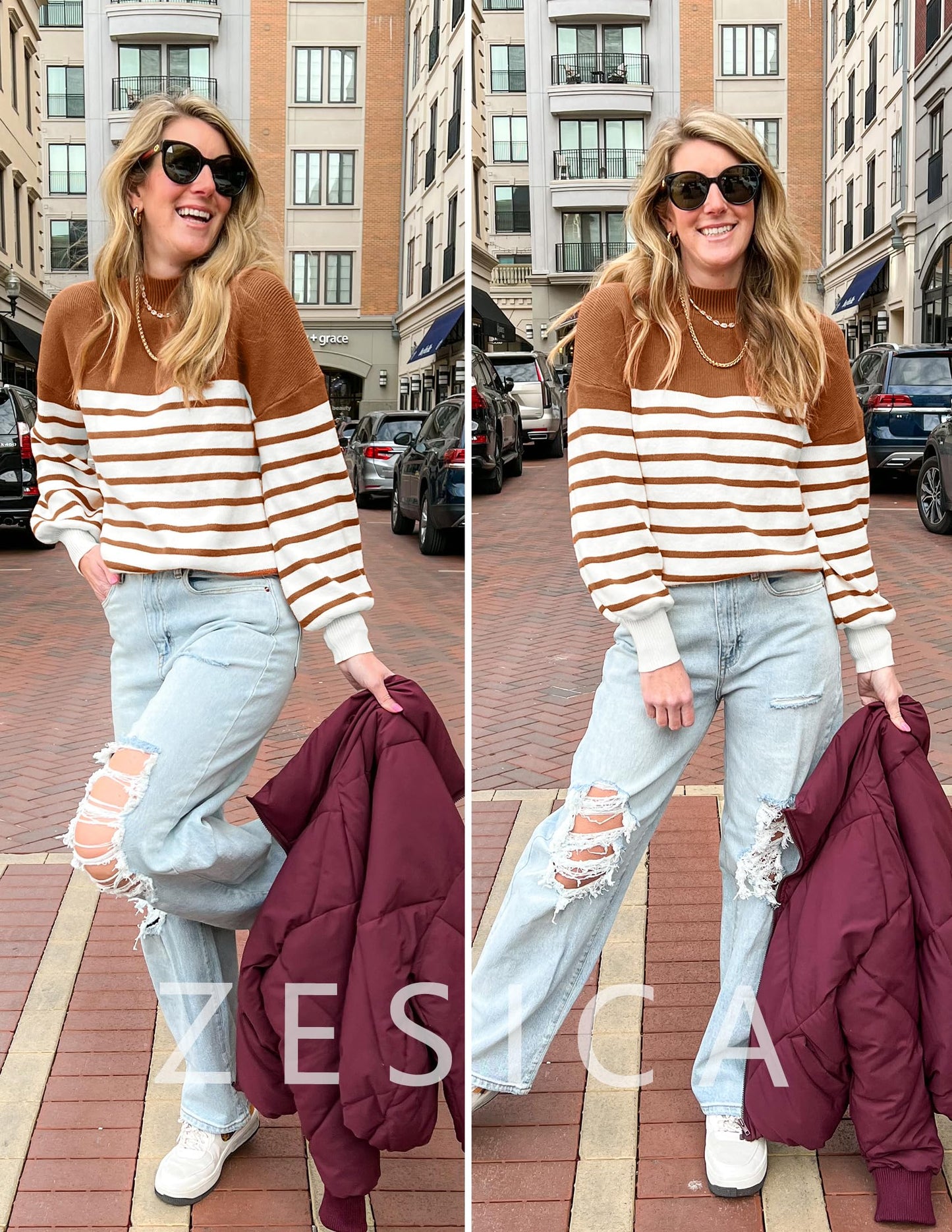 ZESICA Women's 2024 Fall Fashion Turtleneck Long Sleeve Striped Ribbed Knit Loose Pullover Sweater Tops
